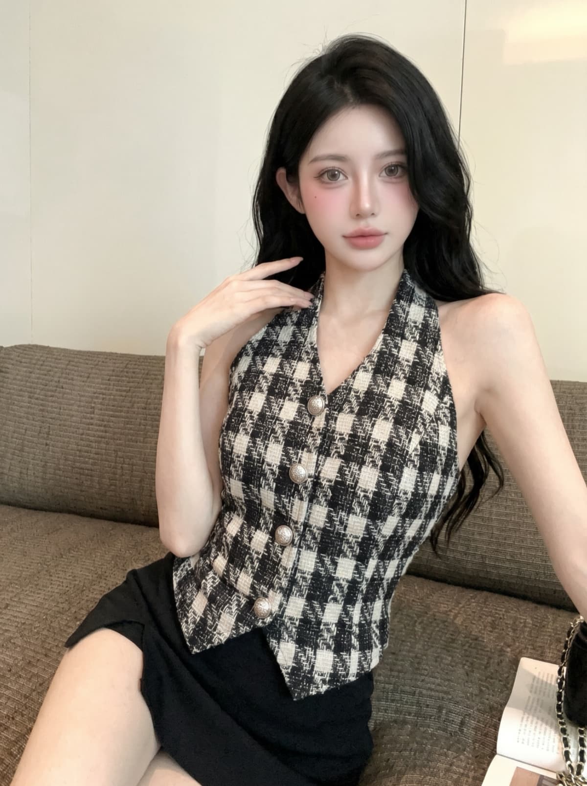 실사 작은 샤넬 스타일 행침 목 조끼 여성 짧은 체크무늬 금속 버클 디자인 센스 작은 대중 고급 센스 맨위 여성 여름 이미지 4