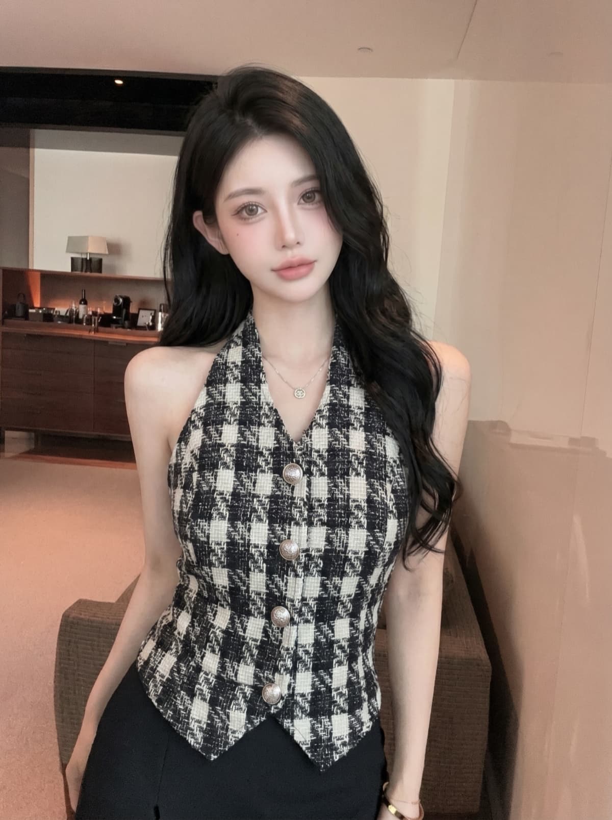 실사 작은 샤넬 스타일 행침 목 조끼 여성 짧은 체크무늬 금속 버클 디자인 센스 작은 대중 고급 센스 맨위 여성 여름 이미지 3