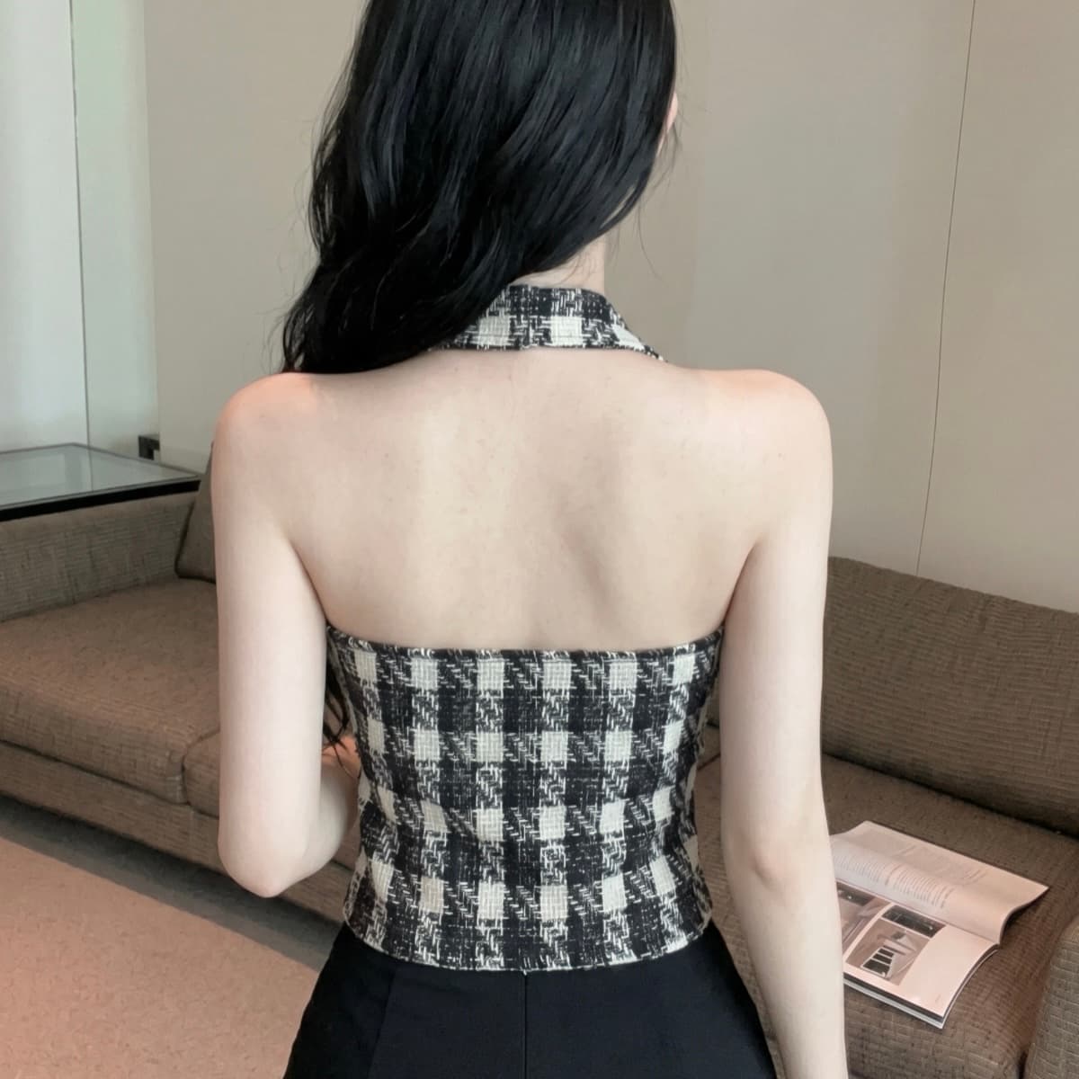 실사 작은 샤넬 스타일 행침 목 조끼 여성 짧은 체크무늬 금속 버클 디자인 센스 작은 대중 고급 센스 맨위 여성 여름 이미지 6