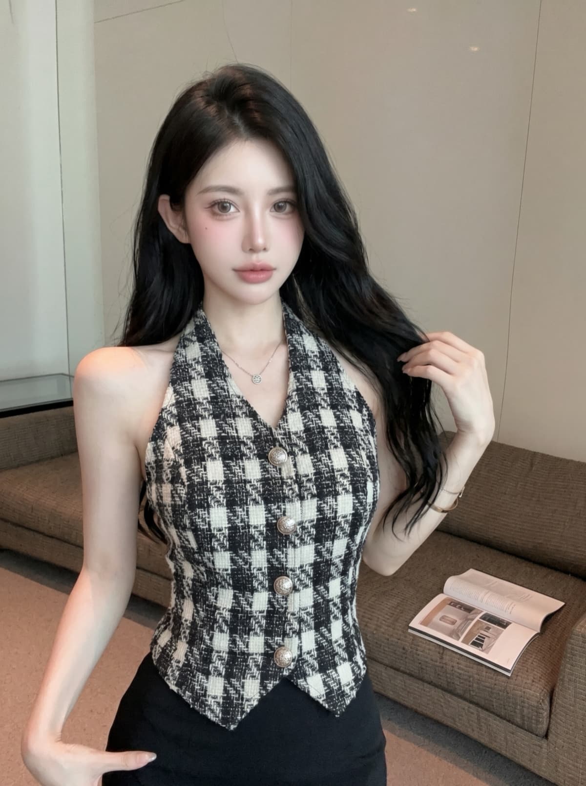 실사 작은 샤넬 스타일 행침 목 조끼 여성 짧은 체크무늬 금속 버클 디자인 센스 작은 대중 고급 센스 맨위 여성 여름 상세 이미지 1