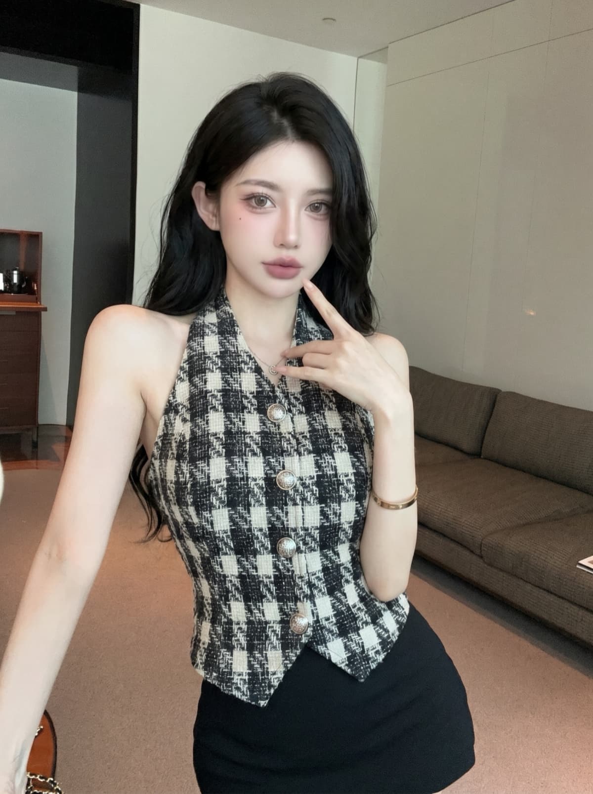 실사 작은 샤넬 스타일 행침 목 조끼 여성 짧은 체크무늬 금속 버클 디자인 센스 작은 대중 고급 센스 맨위 여성 여름 상세 이미지 3