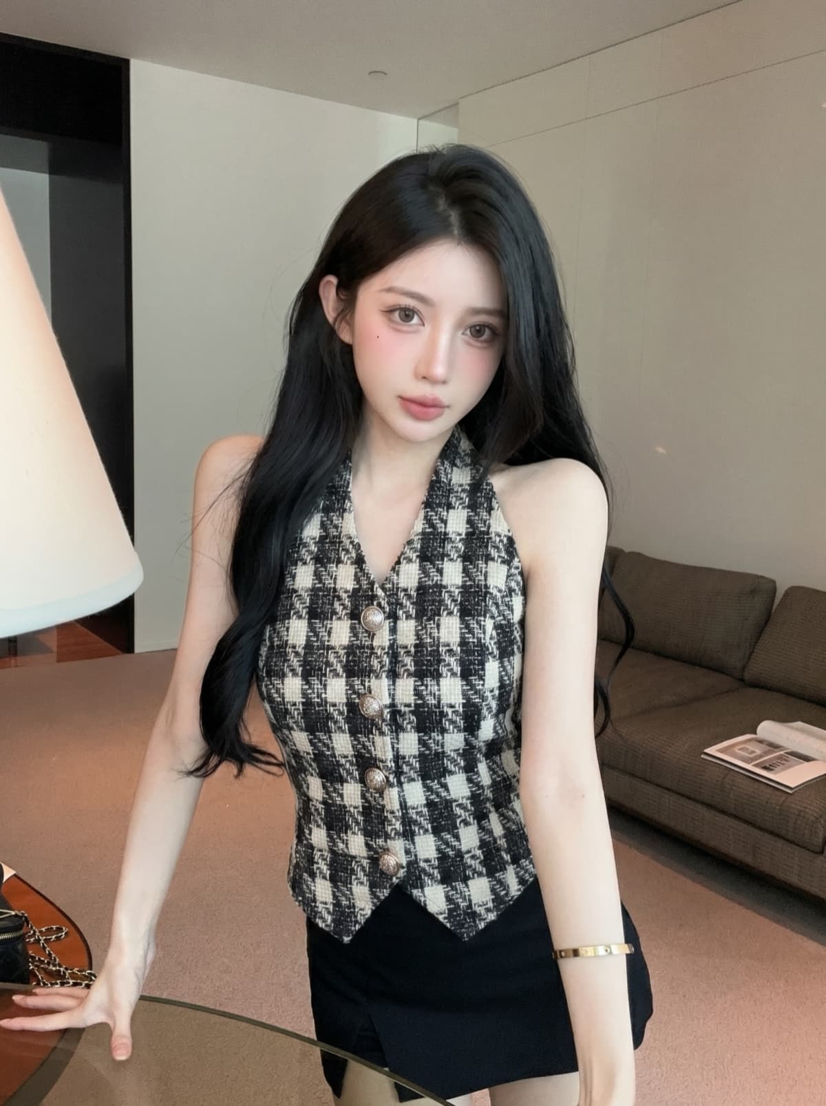 실사 작은 샤넬 스타일 행침 목 조끼 여성 짧은 체크무늬 금속 버클 디자인 센스 작은 대중 고급 센스 맨위 여성 여름 상세 이미지 5