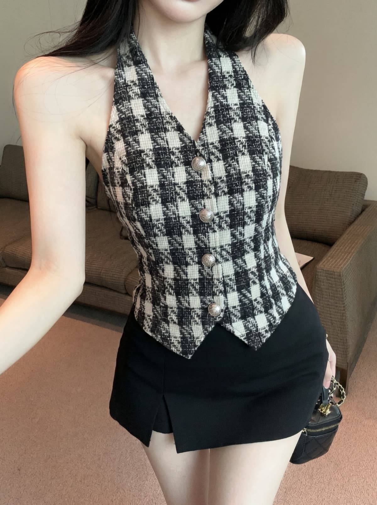 실사 작은 샤넬 스타일 행침 목 조끼 여성 짧은 체크무늬 금속 버클 디자인 센스 작은 대중 고급 센스 맨위 여성 여름 상세 이미지 6