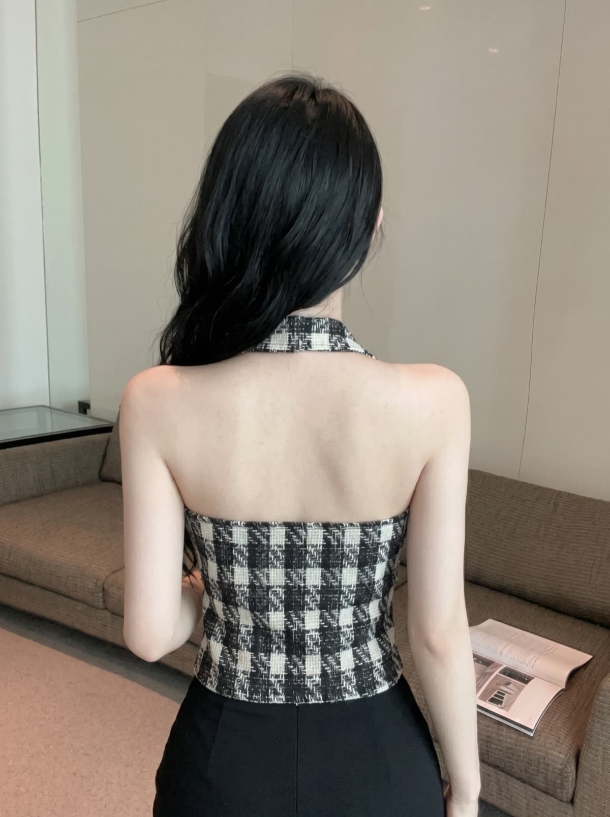실사 작은 샤넬 스타일 행침 목 조끼 여성 짧은 체크무늬 금속 버클 디자인 센스 작은 대중 고급 센스 맨위 여성 여름 상세 이미지 7