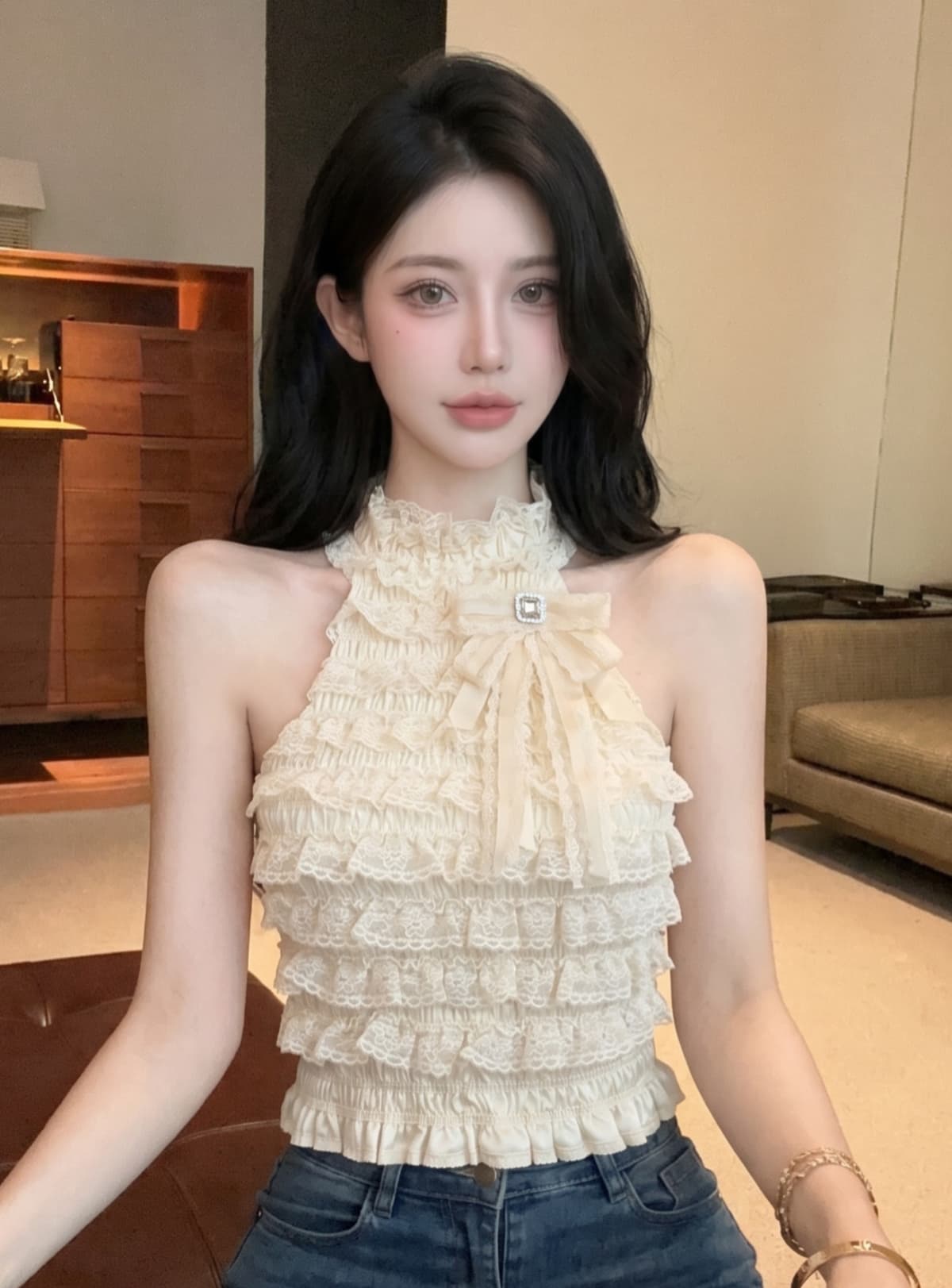 실사 작은 샤넬 스타일 명문 여성 다이아몬드 세팅 나비 매듭 행침 목 민소매 맨위 여성 여름 레이스 레이스 몸매 가꾸기 작은 조끼 이미지 2