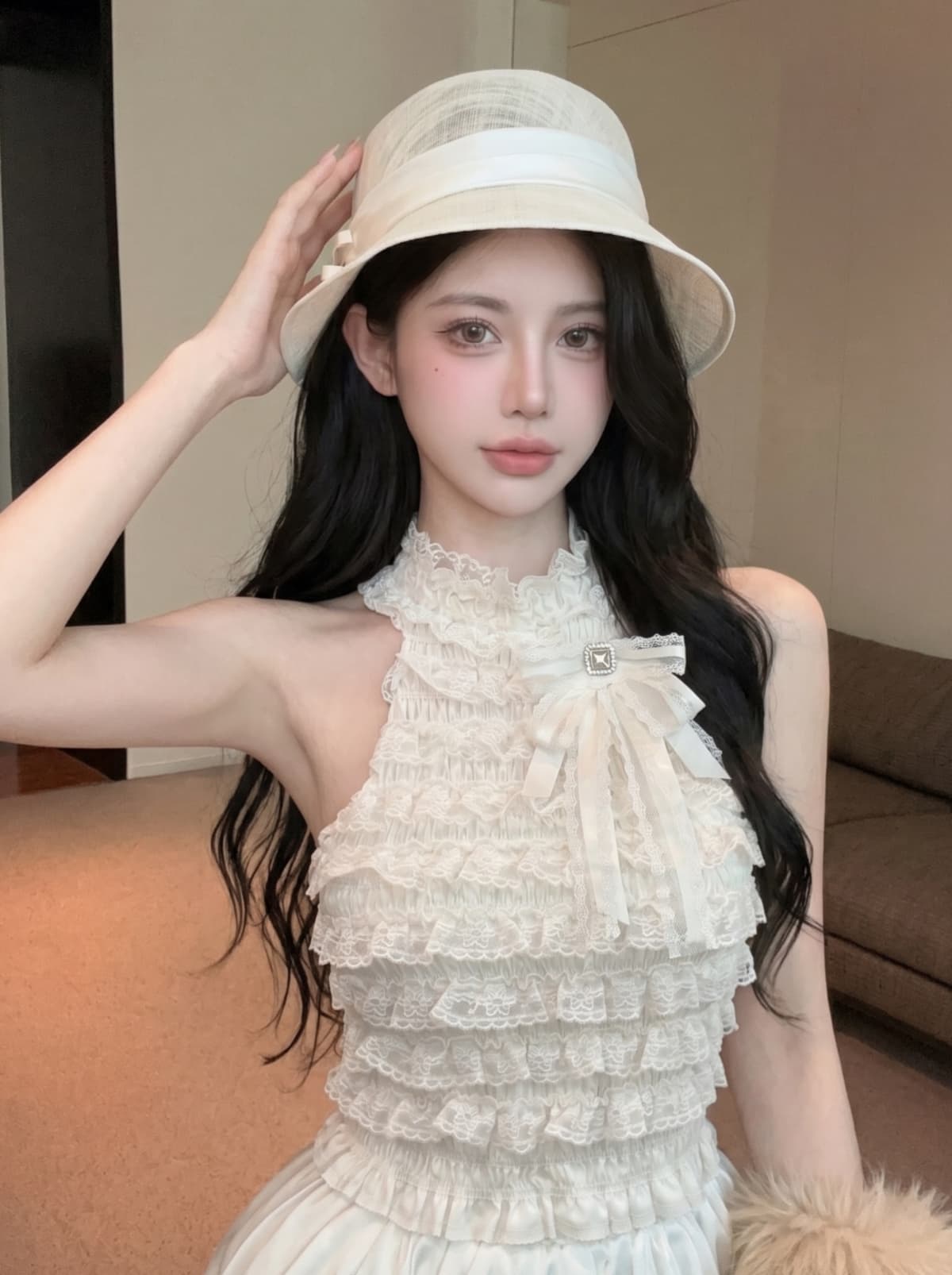 실사 작은 샤넬 스타일 명문 여성 다이아몬드 세팅 나비 매듭 행침 목 민소매 맨위 여성 여름 레이스 레이스 몸매 가꾸기 작은 조끼 이미지 3