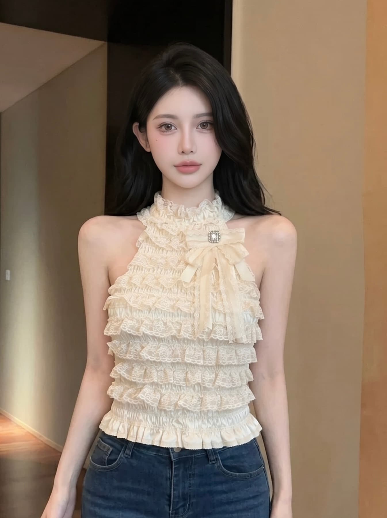 실사 작은 샤넬 스타일 명문 여성 다이아몬드 세팅 나비 매듭 행침 목 민소매 맨위 여성 여름 레이스 레이스 몸매 가꾸기 작은 조끼 상세 이미지 1