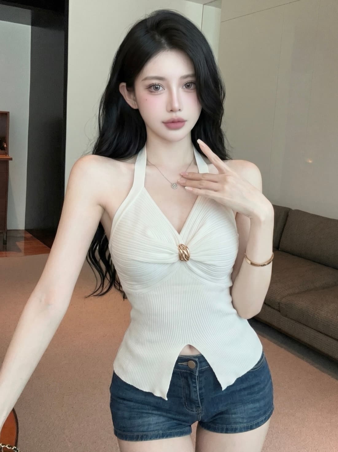 실사 순수한 욕망 비틀림 백리스 행침 목 캐미솔 여름 디자인 센스 몸매 가꾸기 허리 수축 쇼트 스타일 외출용 맨위 이미지 4