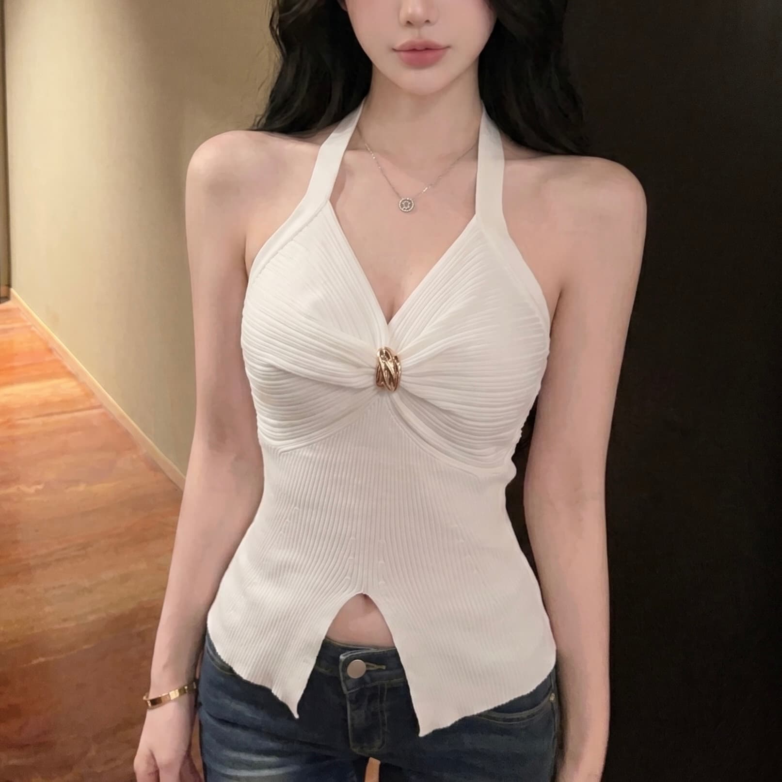 실사 순수한 욕망 비틀림 백리스 행침 목 캐미솔 여름 디자인 센스 몸매 가꾸기 허리 수축 쇼트 스타일 외출용 맨위 이미지 6