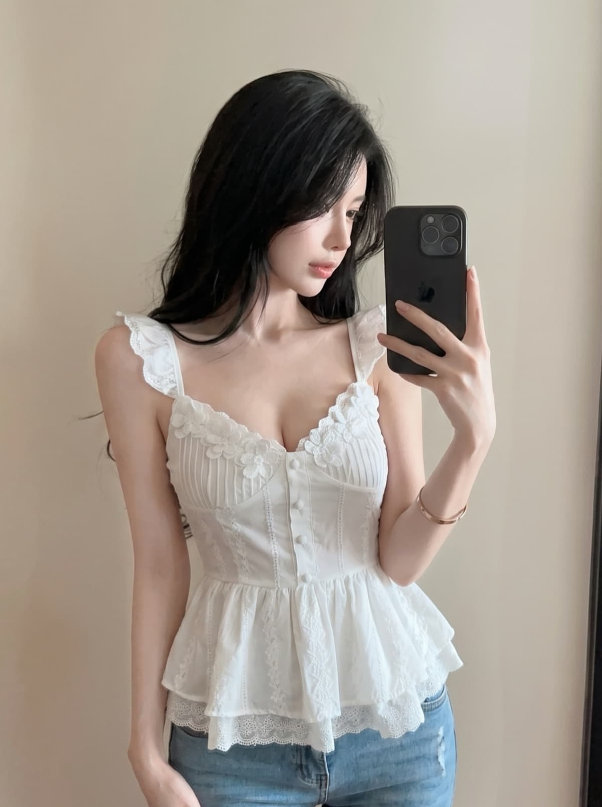 실사 순수한 욕망 자수 레이스 꽃 광장 칼라 작은 날다 소매 조끼 여성 여름 허리 수축 슬림해 보이는 퍼프 치마 맨위 상세 이미지 1