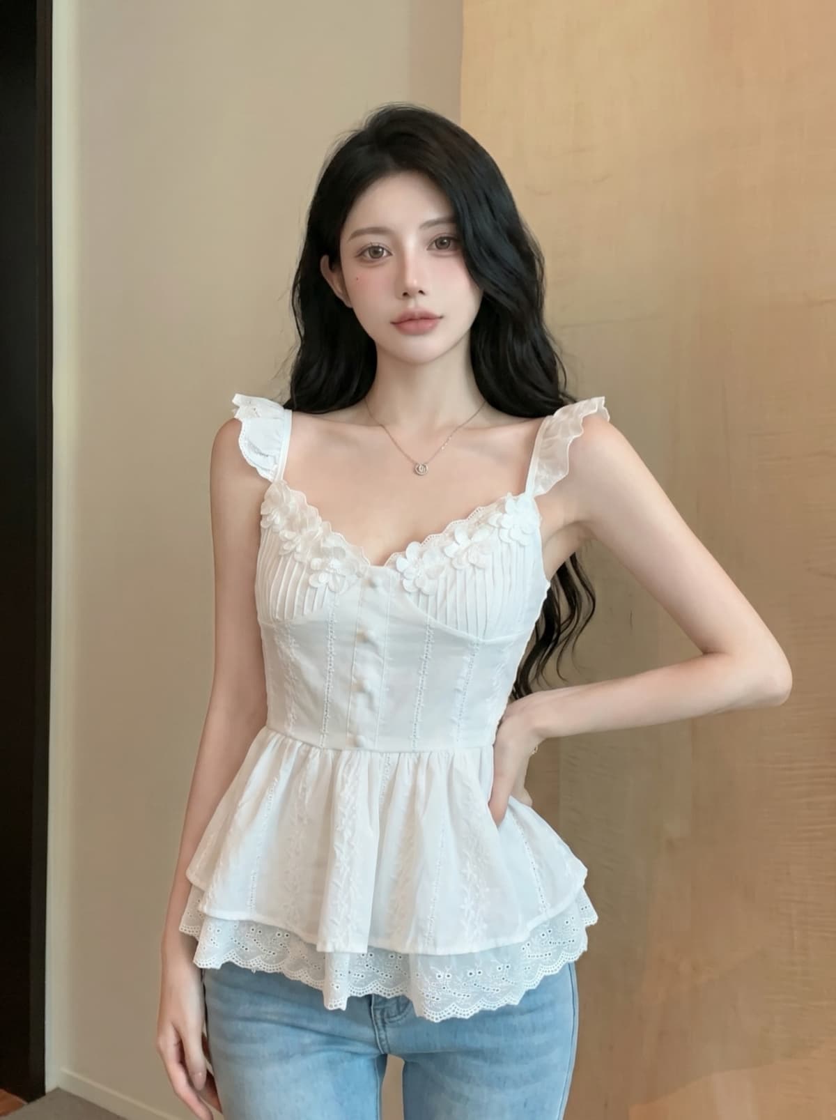 실사 순수한 욕망 자수 레이스 꽃 광장 칼라 작은 날다 소매 조끼 여성 여름 허리 수축 슬림해 보이는 퍼프 치마 맨위 상세 이미지 3