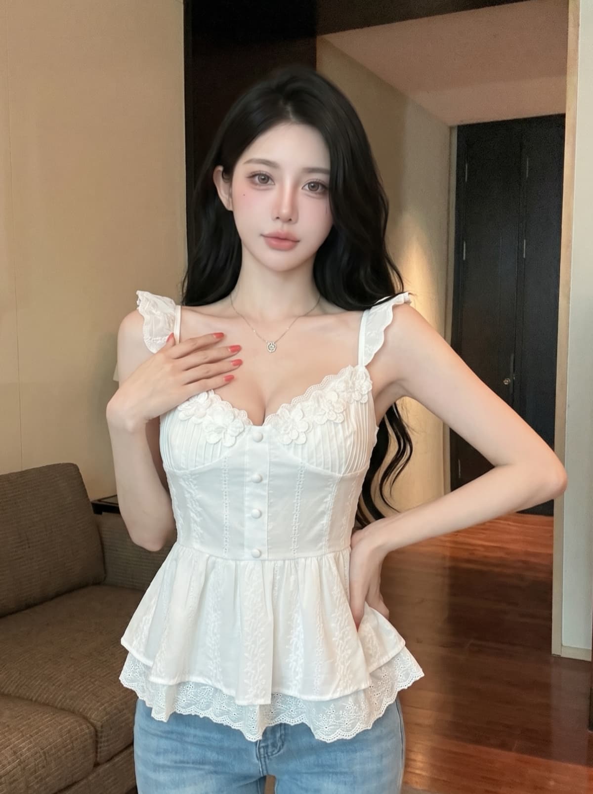 실사 순수한 욕망 자수 레이스 꽃 광장 칼라 작은 날다 소매 조끼 여성 여름 허리 수축 슬림해 보이는 퍼프 치마 맨위 상세 이미지 5