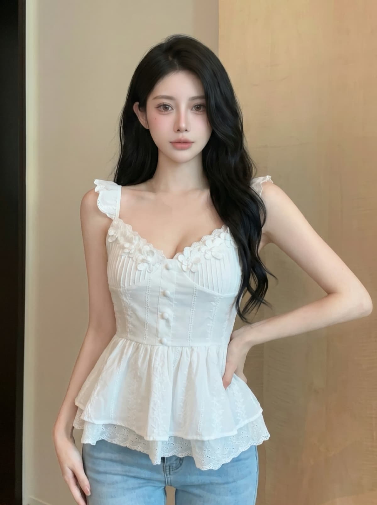 실사 순수한 욕망 자수 레이스 꽃 광장 칼라 작은 날다 소매 조끼 여성 여름 허리 수축 슬림해 보이는 퍼프 치마 맨위 상세 이미지 6