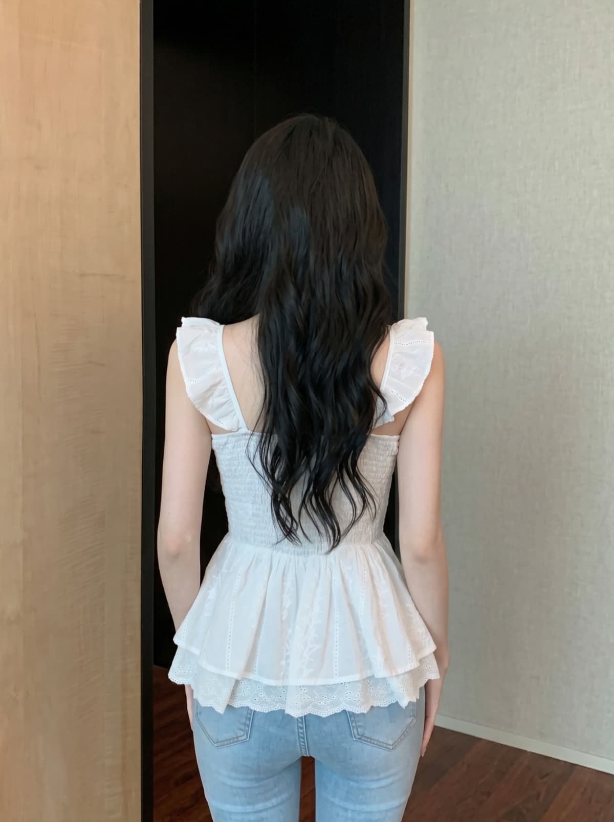 실사 순수한 욕망 자수 레이스 꽃 광장 칼라 작은 날다 소매 조끼 여성 여름 허리 수축 슬림해 보이는 퍼프 치마 맨위 상세 이미지 7