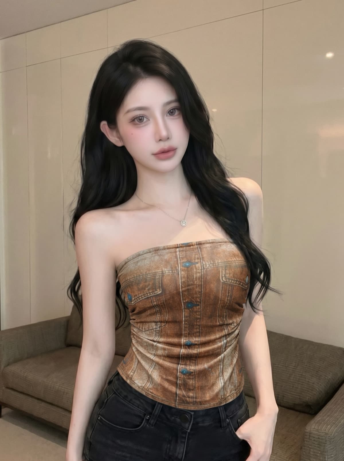 실사 주름 데님 곡물 홀치기 염색 프린트 나만의 것을 가져와 라. 가슴 패드 민소매 망사 맨위 백리스 쇼트 스타일 조끼 튜브탑 상세 이미지 2