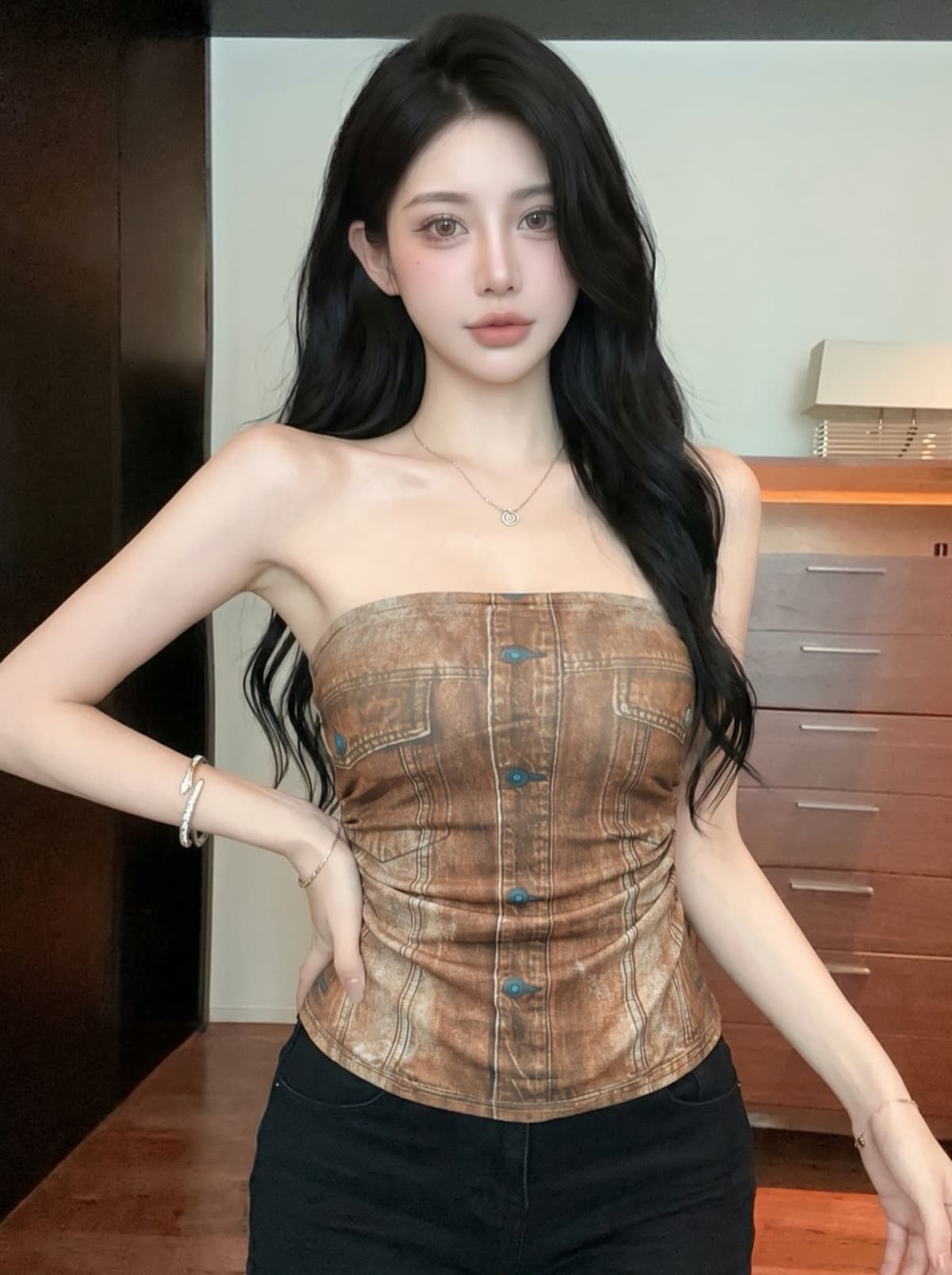 실사 주름 데님 곡물 홀치기 염색 프린트 나만의 것을 가져와 라. 가슴 패드 민소매 망사 맨위 백리스 쇼트 스타일 조끼 튜브탑 상세 이미지 3