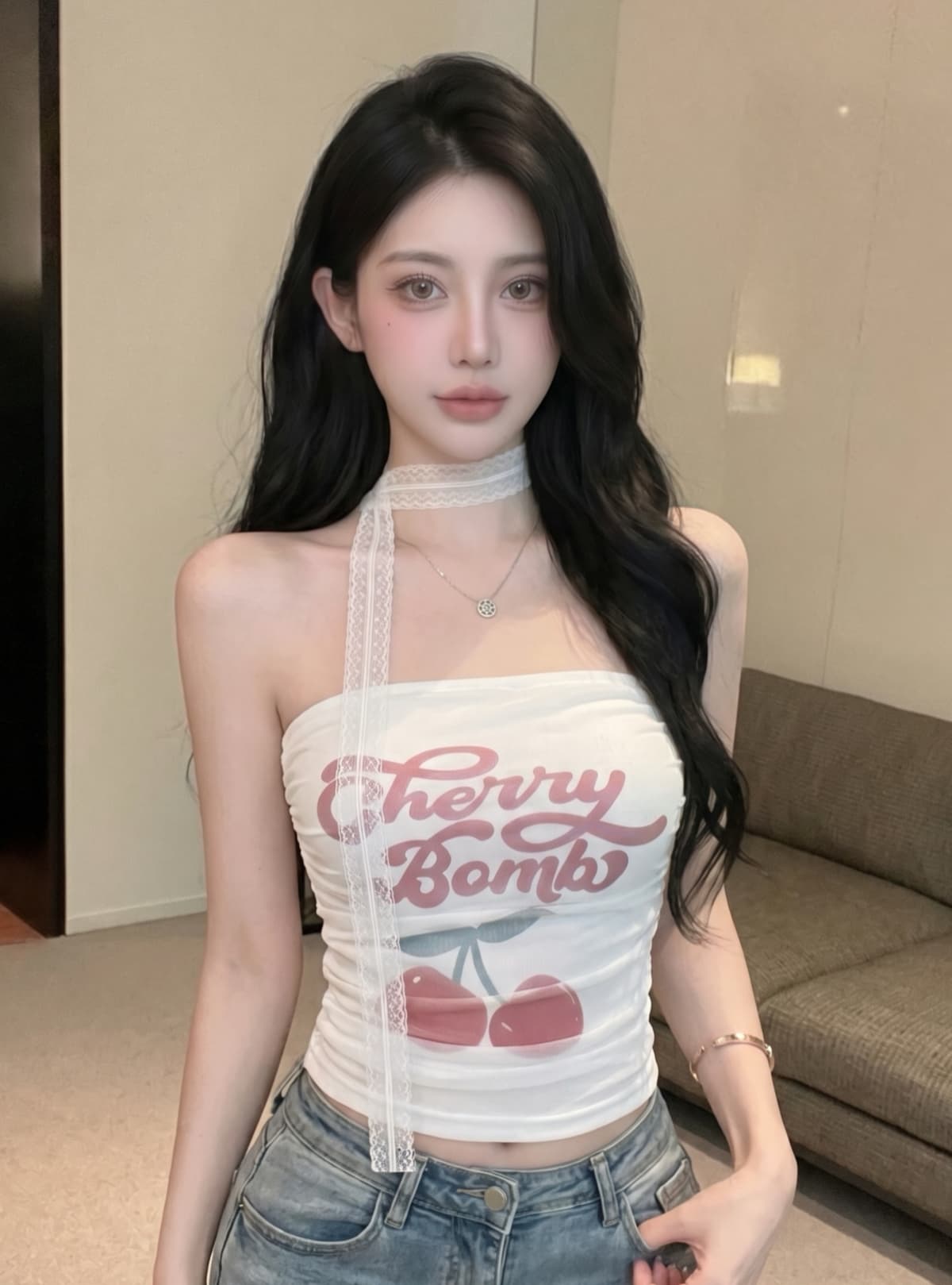 실사 달콤함 망사 프린트 민소매 캐미솔 여름 벨트 가슴 패드 포장 가슴 핫걸 외출용 튜브탑 맨위 상세 이미지 4