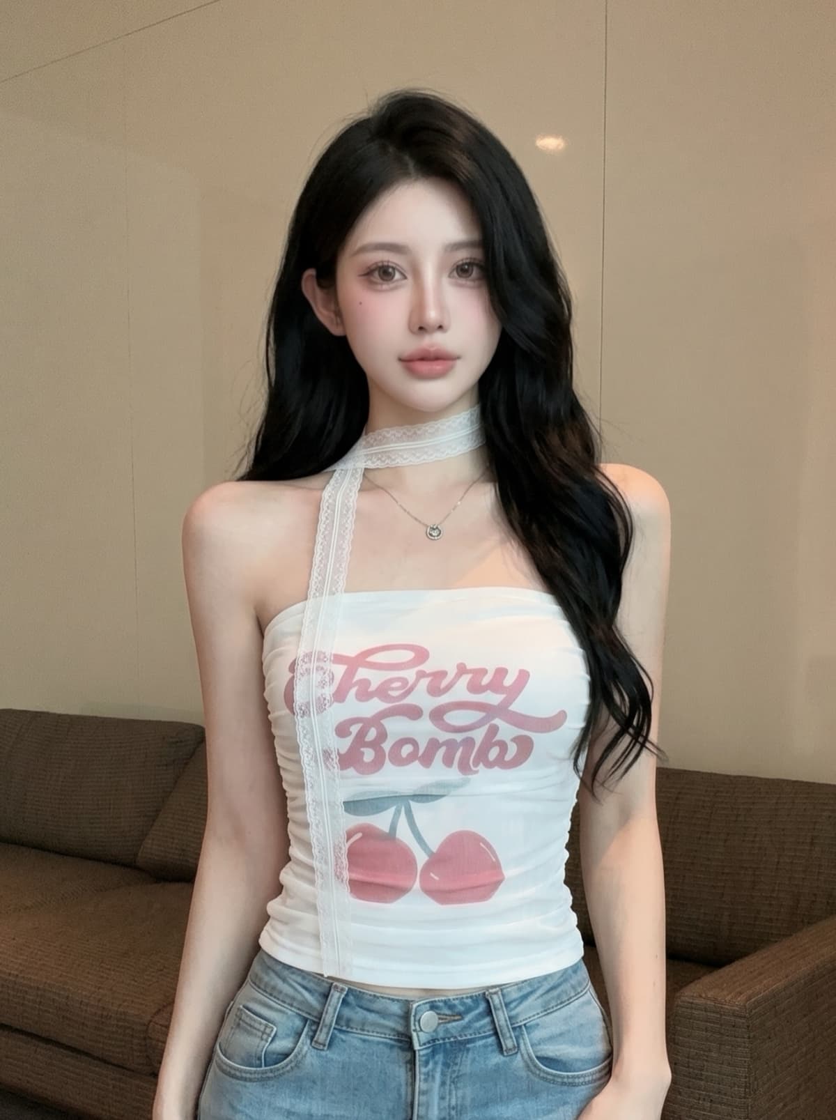 실사 달콤함 망사 프린트 민소매 캐미솔 여름 벨트 가슴 패드 포장 가슴 핫걸 외출용 튜브탑 맨위 상세 이미지 7