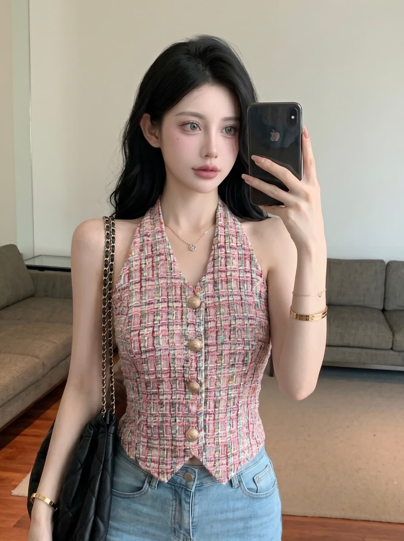 실사 작은 샤넬 스타일 행침 목 조끼 여성 짧은 체크무늬 금속 버클 여성 여름 디자인 센스 작은 대중 고급 센스 맨위 이미지 5