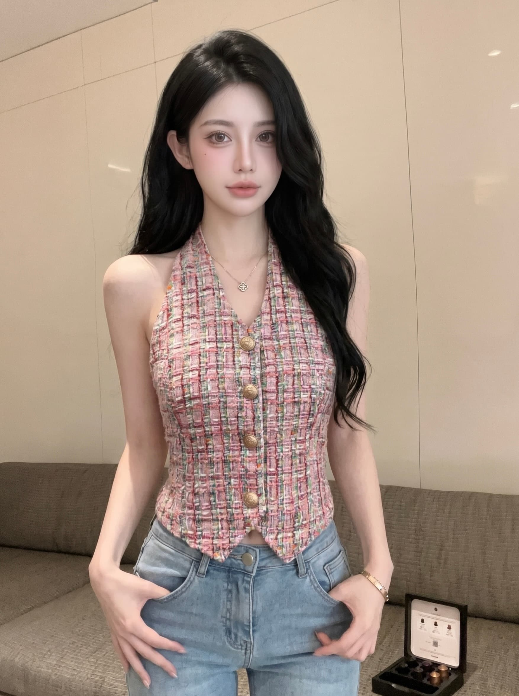 실사 작은 샤넬 스타일 행침 목 조끼 여성 짧은 체크무늬 금속 버클 여성 여름 디자인 센스 작은 대중 고급 센스 맨위 이미지 4