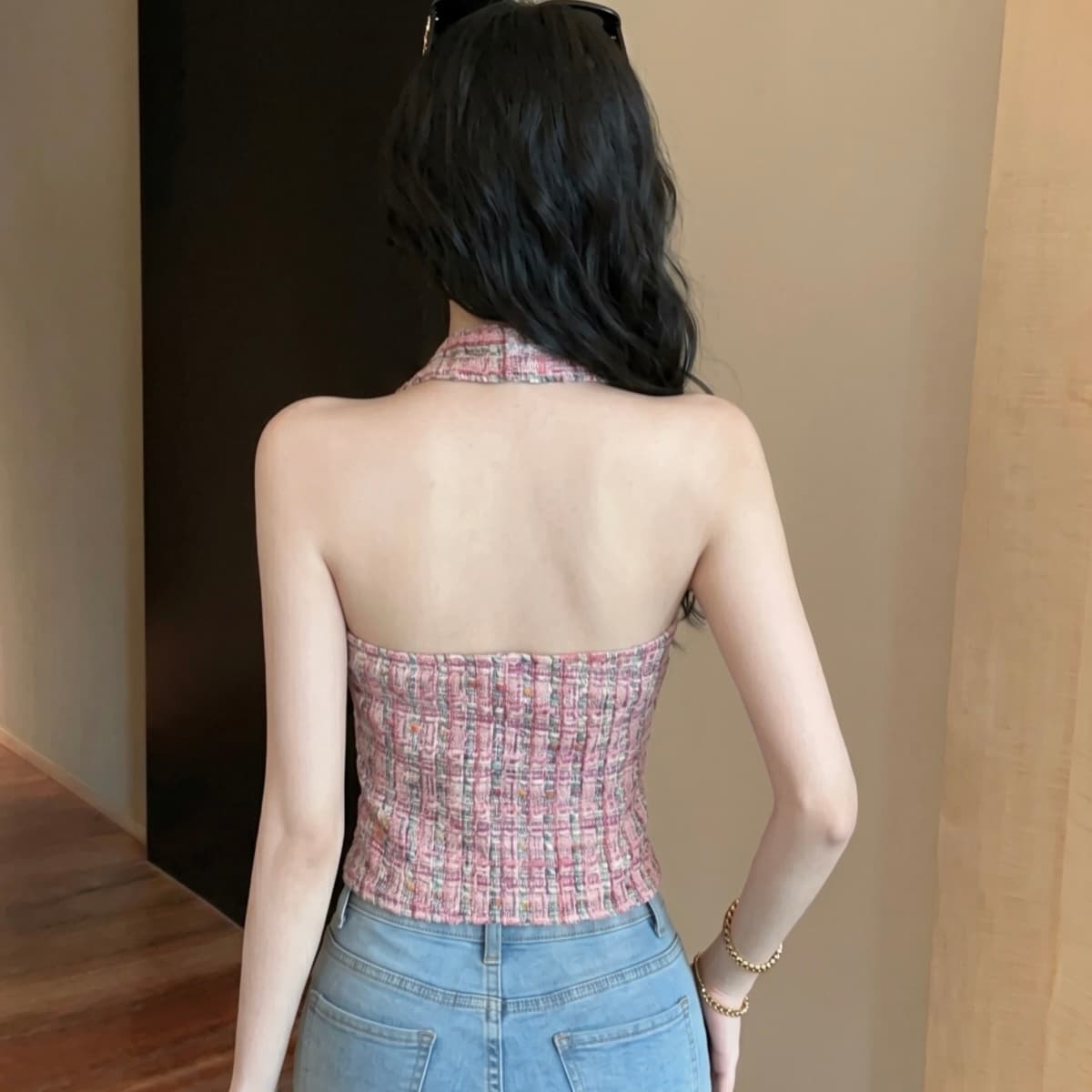 실사 작은 샤넬 스타일 행침 목 조끼 여성 짧은 체크무늬 금속 버클 여성 여름 디자인 센스 작은 대중 고급 센스 맨위 이미지 6
