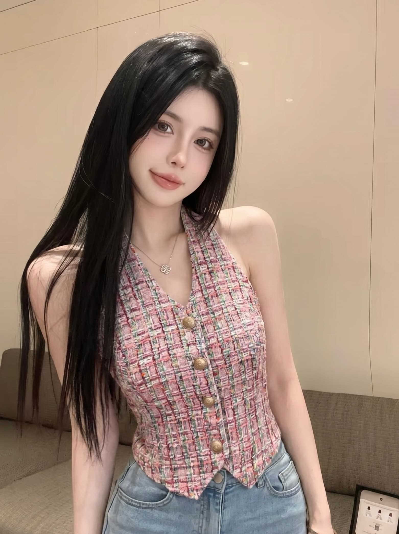 실사 작은 샤넬 스타일 행침 목 조끼 여성 짧은 체크무늬 금속 버클 여성 여름 디자인 센스 작은 대중 고급 센스 맨위 상세 이미지 2
