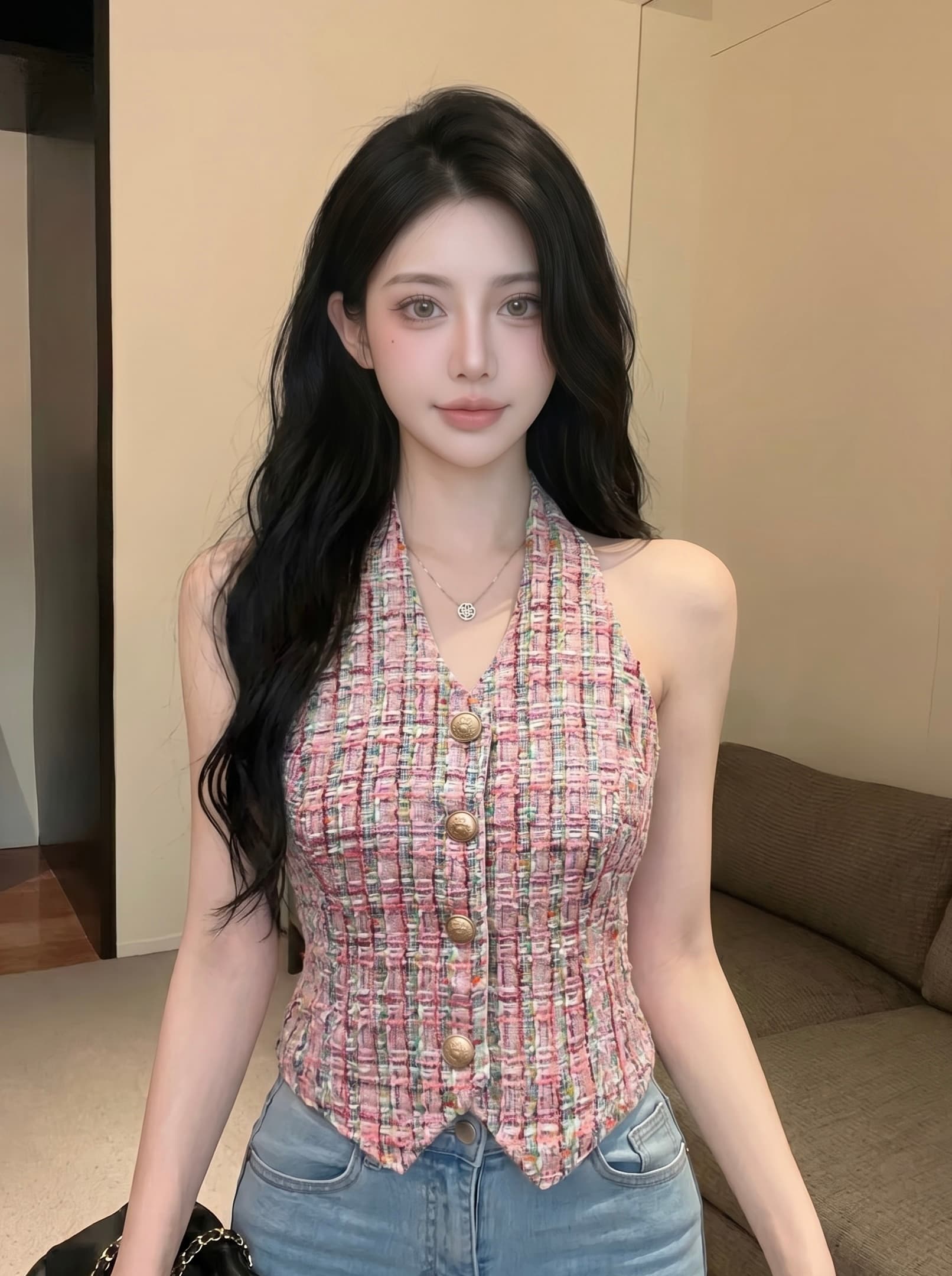 실사 작은 샤넬 스타일 행침 목 조끼 여성 짧은 체크무늬 금속 버클 여성 여름 디자인 센스 작은 대중 고급 센스 맨위 상세 이미지 3