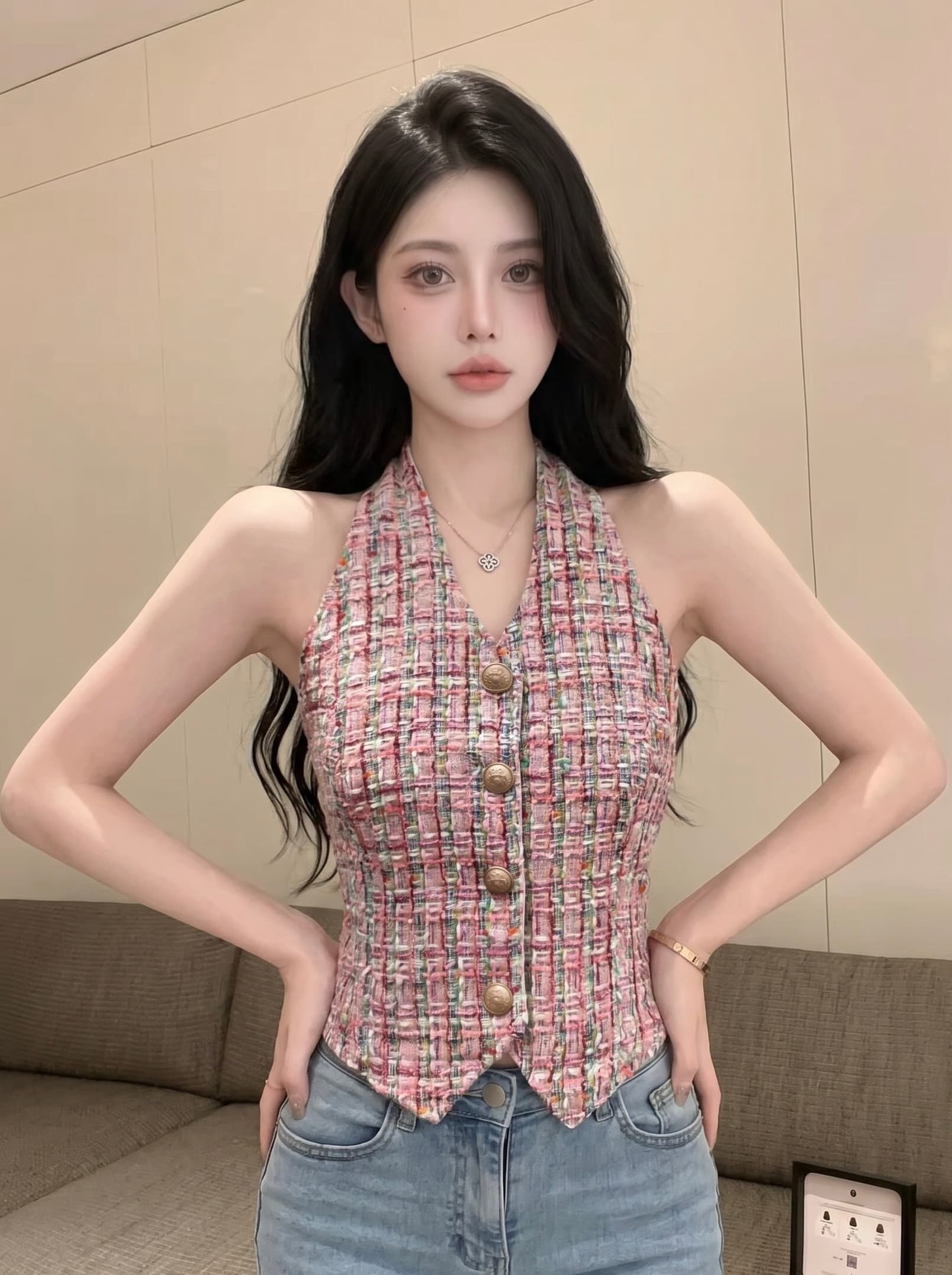 실사 작은 샤넬 스타일 행침 목 조끼 여성 짧은 체크무늬 금속 버클 여성 여름 디자인 센스 작은 대중 고급 센스 맨위 상세 이미지 4