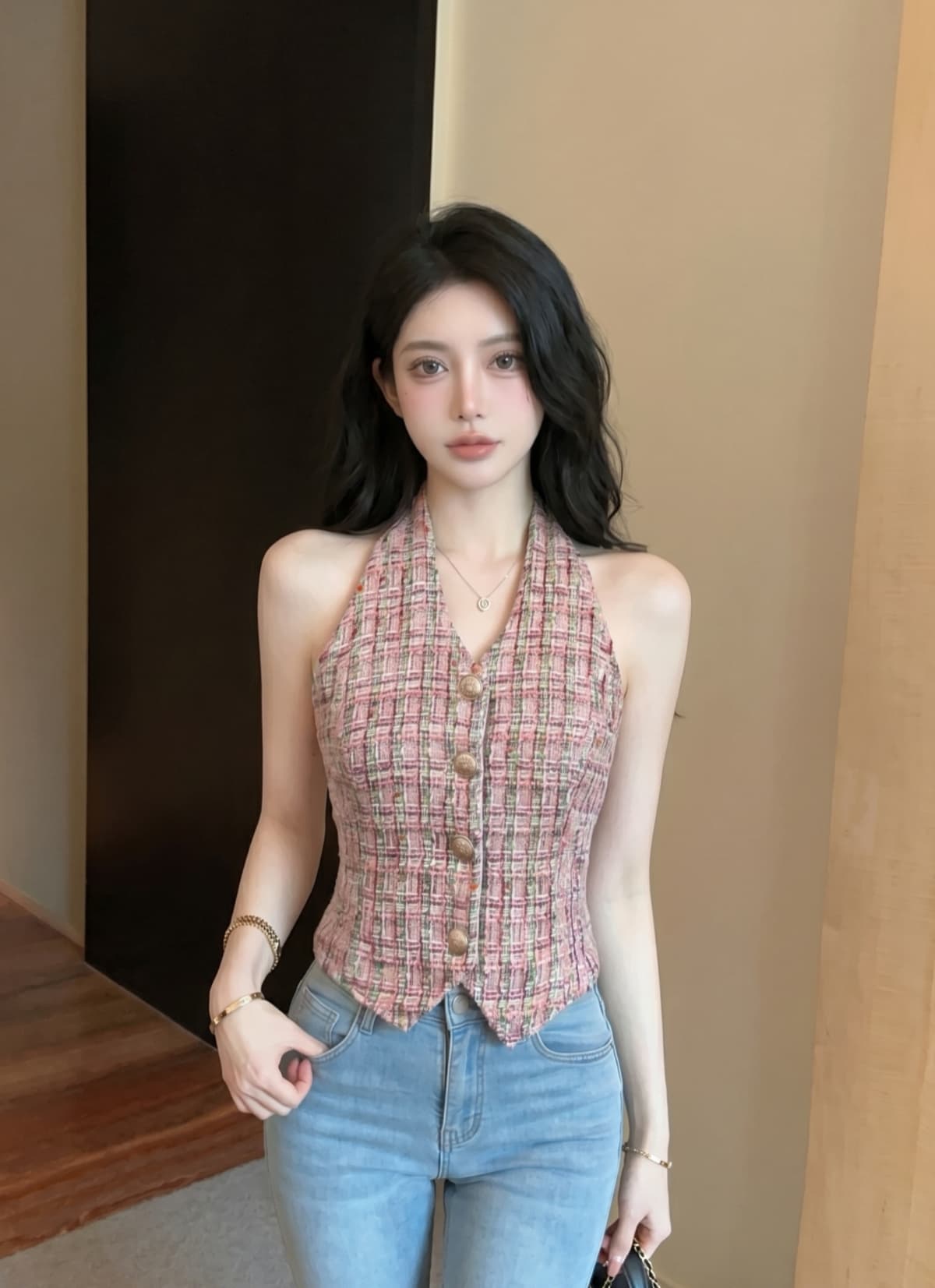실사 작은 샤넬 스타일 행침 목 조끼 여성 짧은 체크무늬 금속 버클 여성 여름 디자인 센스 작은 대중 고급 센스 맨위 상세 이미지 7