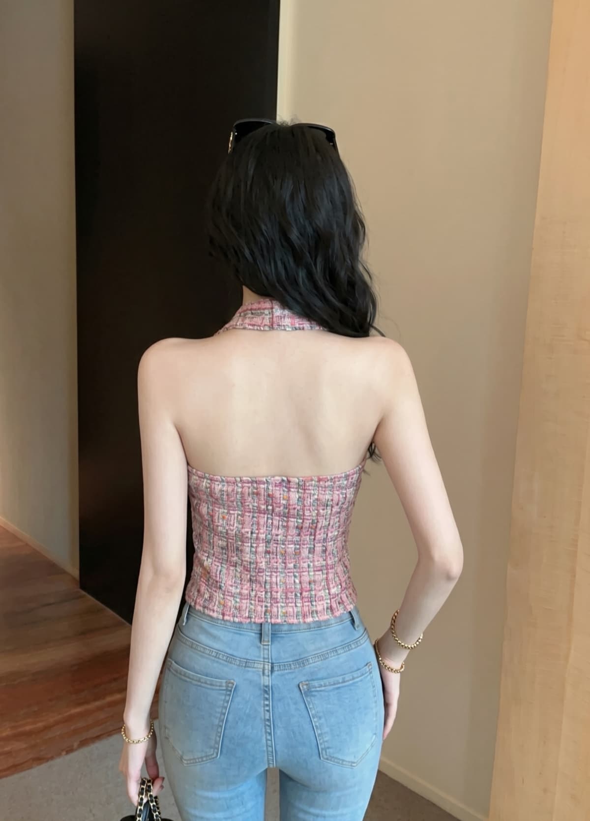 실사 작은 샤넬 스타일 행침 목 조끼 여성 짧은 체크무늬 금속 버클 여성 여름 디자인 센스 작은 대중 고급 센스 맨위 상세 이미지 9