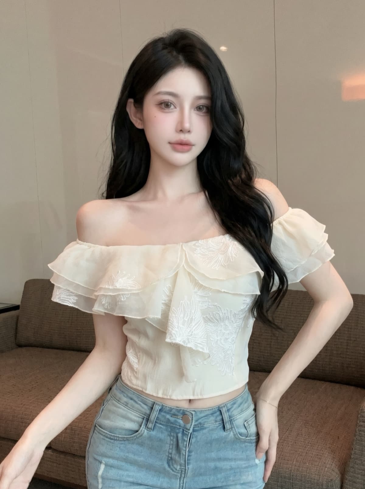 실사 오프숄더 쉬폰 작은 셔츠 여성 프랑스식 프릴 자카드 작은 날다 소매 셔츠 Chic 아름다운 작은 맨위 이미지 2