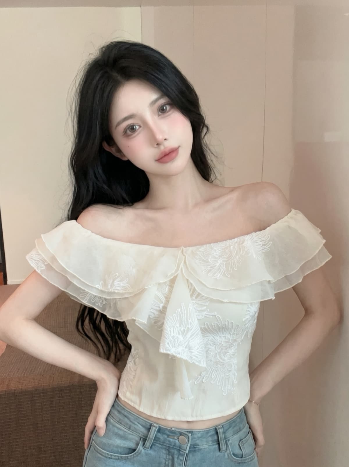 실사 오프숄더 쉬폰 작은 셔츠 여성 프랑스식 프릴 자카드 작은 날다 소매 셔츠 Chic 아름다운 작은 맨위 상세 이미지 1