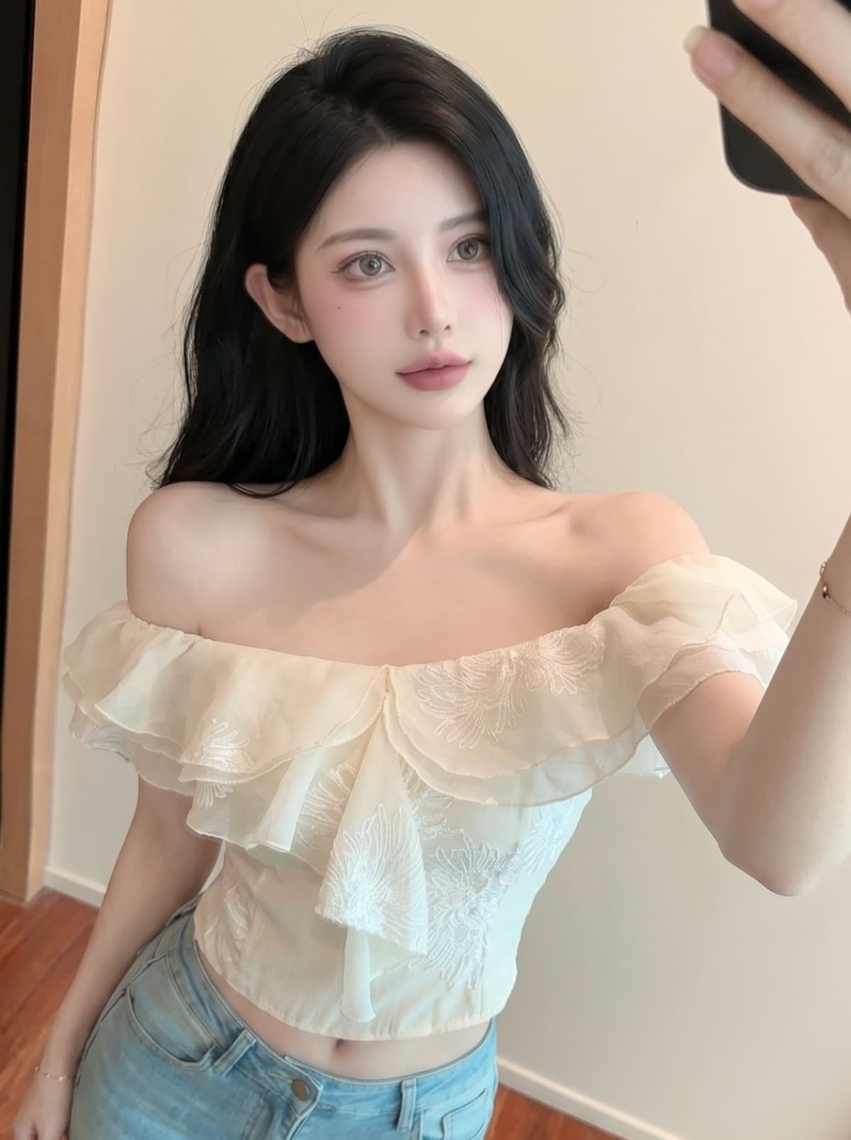 실사 오프숄더 쉬폰 작은 셔츠 여성 프랑스식 프릴 자카드 작은 날다 소매 셔츠 Chic 아름다운 작은 맨위 상세 이미지 2