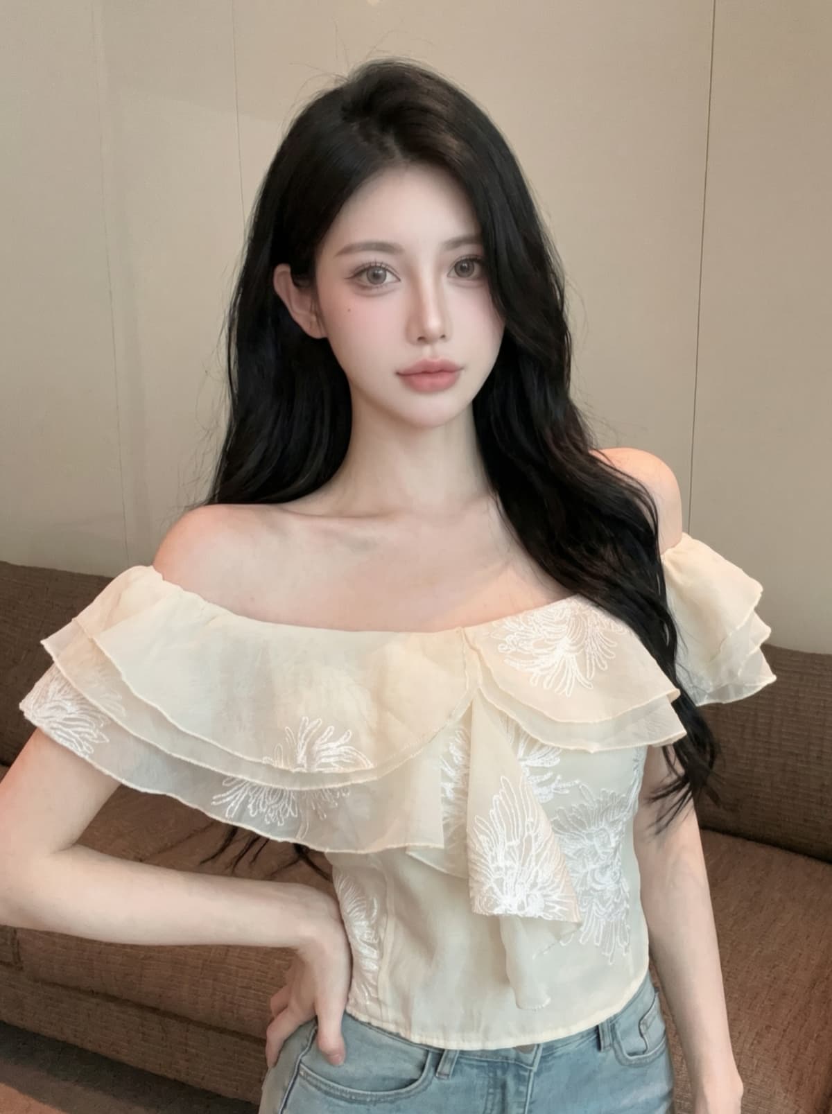 실사 오프숄더 쉬폰 작은 셔츠 여성 프랑스식 프릴 자카드 작은 날다 소매 셔츠 Chic 아름다운 작은 맨위 상세 이미지 4