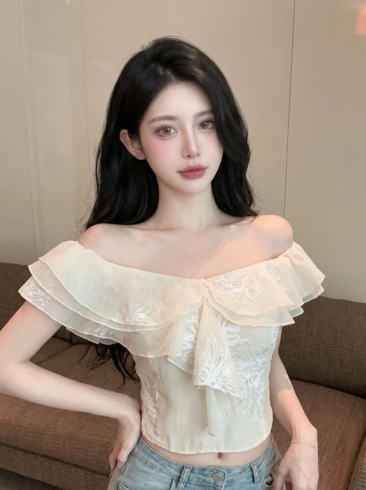 실사 오프숄더 쉬폰 작은 셔츠 여성 프랑스식 프릴 자카드 작은 날다 소매 셔츠 Chic 아름다운 작은 맨위 상세 이미지 5