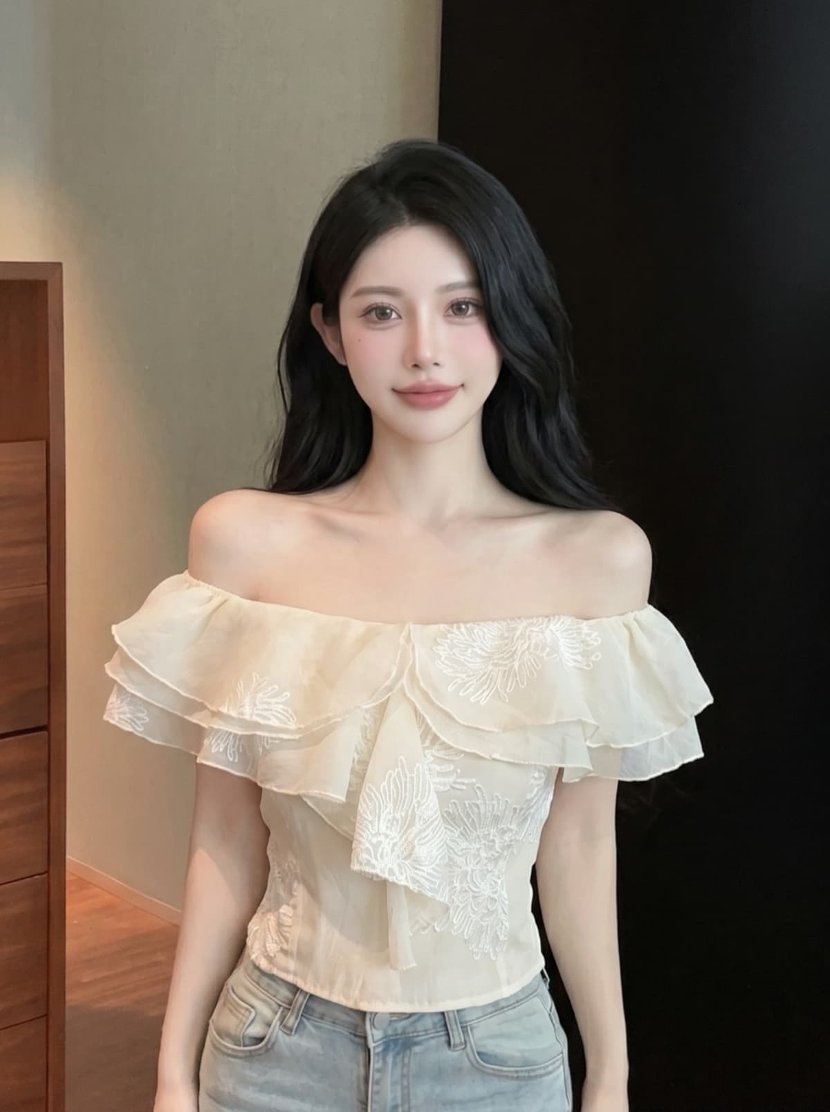 실사 오프숄더 쉬폰 작은 셔츠 여성 프랑스식 프릴 자카드 작은 날다 소매 셔츠 Chic 아름다운 작은 맨위 상세 이미지 6