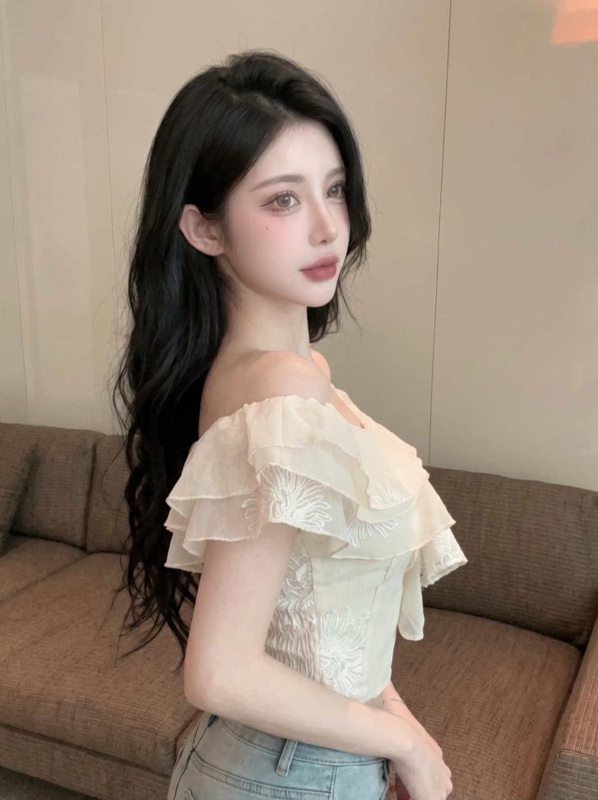 실사 오프숄더 쉬폰 작은 셔츠 여성 프랑스식 프릴 자카드 작은 날다 소매 셔츠 Chic 아름다운 작은 맨위 상세 이미지 7