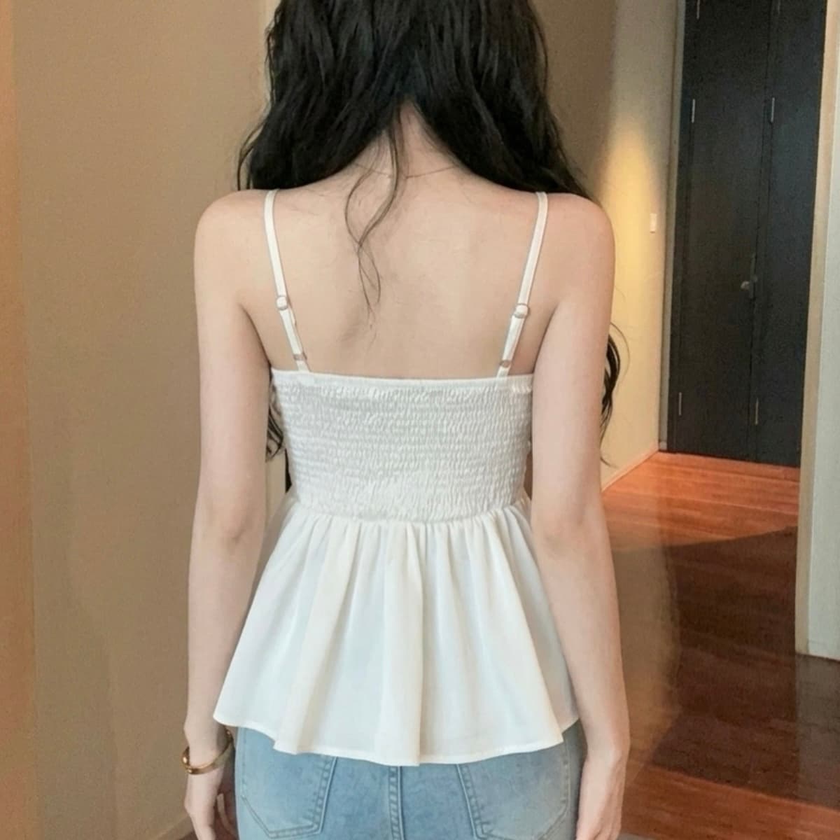 실사 빛 럭셔리 명문 여성 바람 고급 센스 캐미솔 여름 다이아몬드 세팅 V넥 주름 디자인 허리 수축 순수한 욕망 맨위 이미지 6