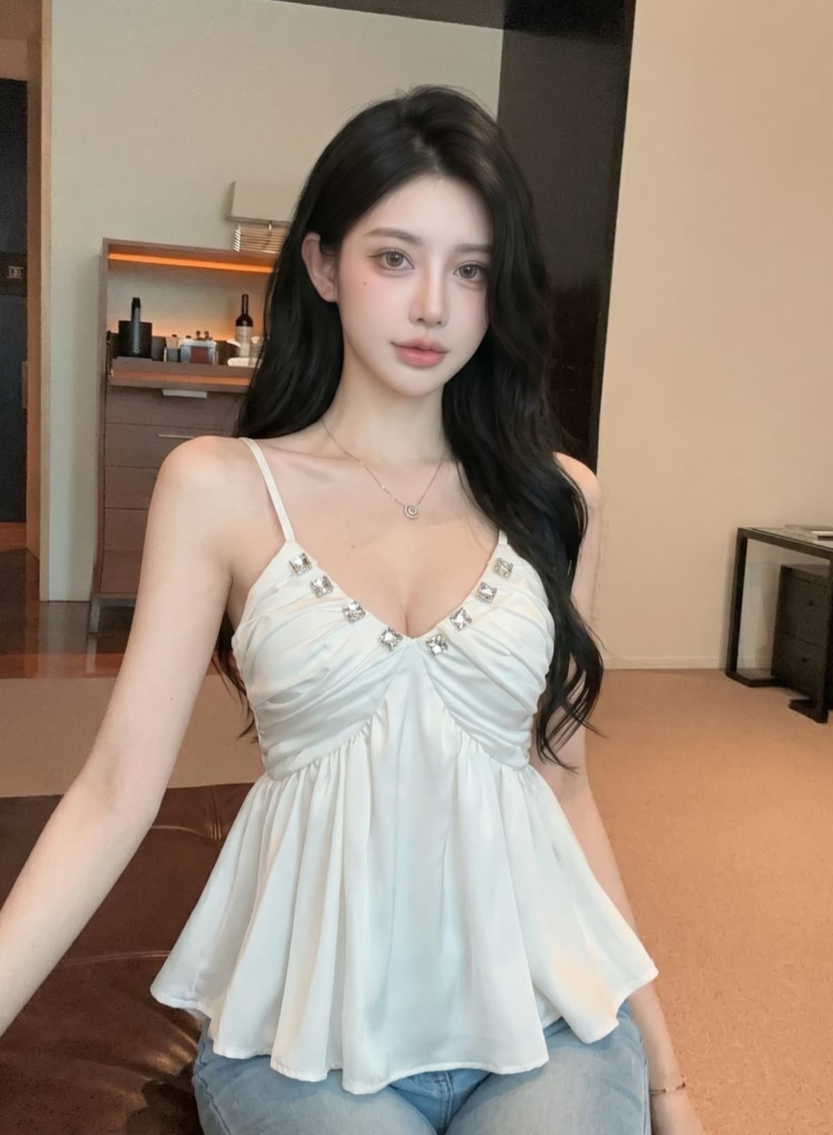 실사 빛 럭셔리 명문 여성 바람 고급 센스 캐미솔 여름 다이아몬드 세팅 V넥 주름 디자인 허리 수축 순수한 욕망 맨위 상세 이미지 8
