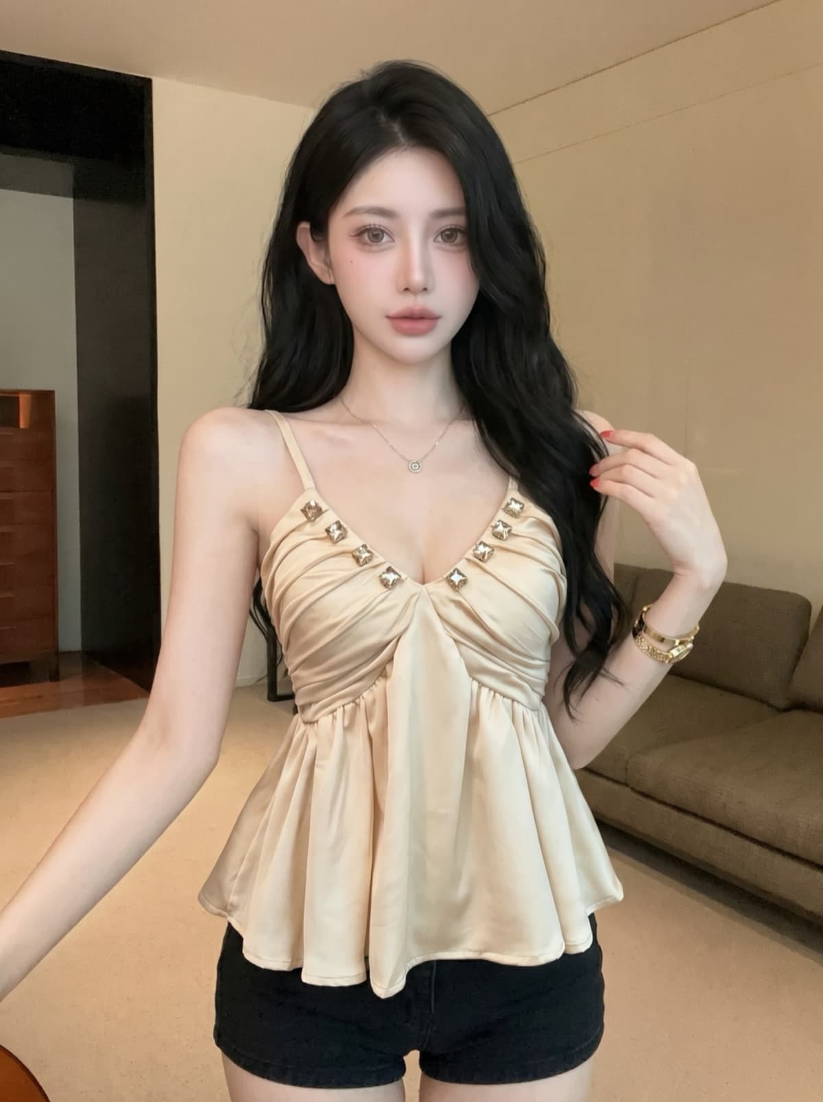 실사 빛 럭셔리 명문 여성 바람 고급 센스 캐미솔 여름 다이아몬드 세팅 V넥 주름 디자인 허리 수축 순수한 욕망 맨위 상세 이미지 14