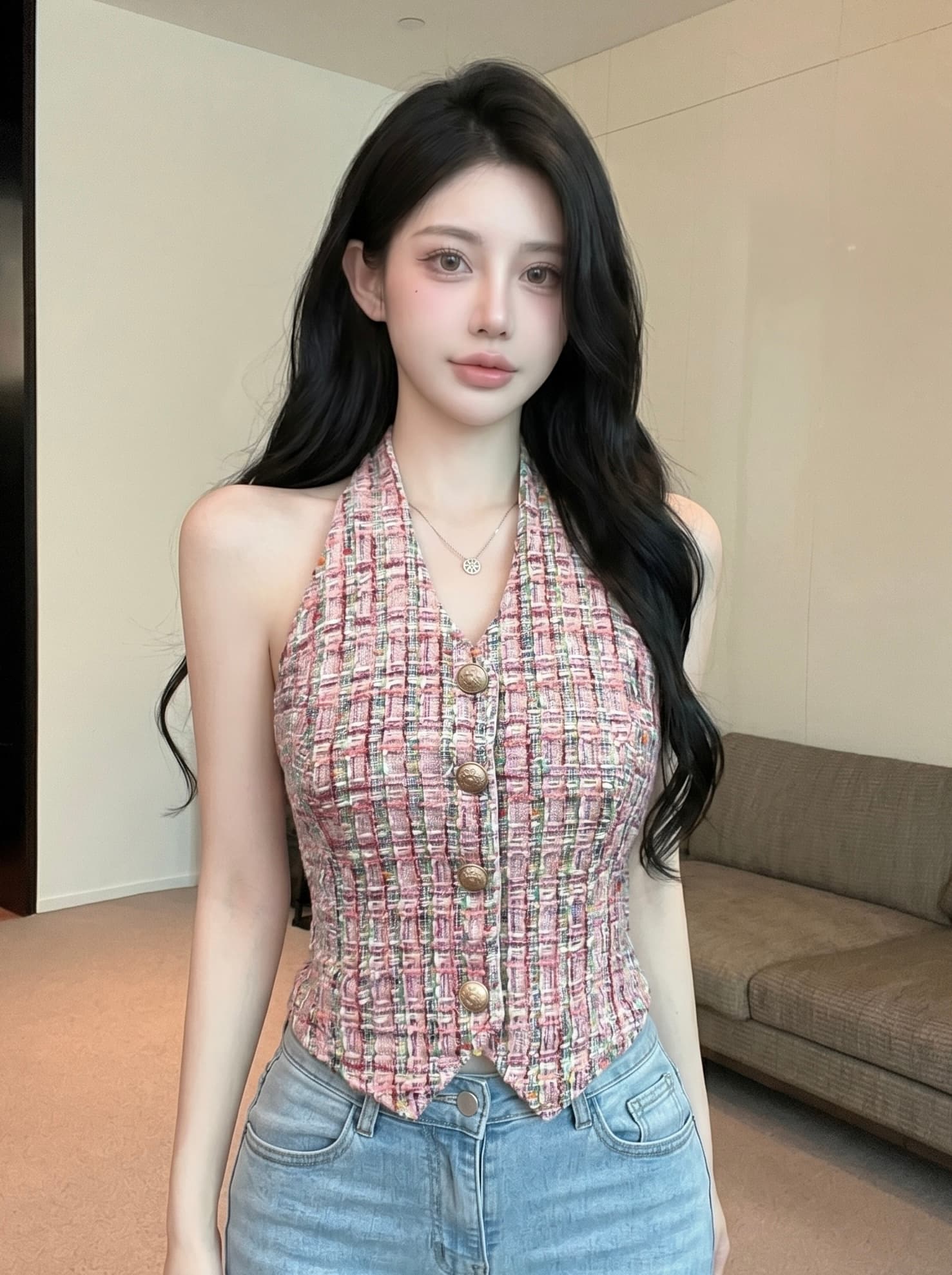 실사 작은 샤넬 스타일 행침 목 조끼 여성 짧은 체크무늬 금속 버클 여성 여름 디자인 센스 작은 대중 고급 센스 맨위 이미지 3
