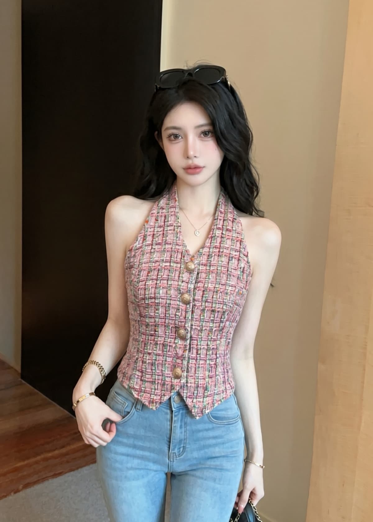 실사 작은 샤넬 스타일 행침 목 조끼 여성 짧은 체크무늬 금속 버클 여성 여름 디자인 센스 작은 대중 고급 센스 맨위 이미지 2