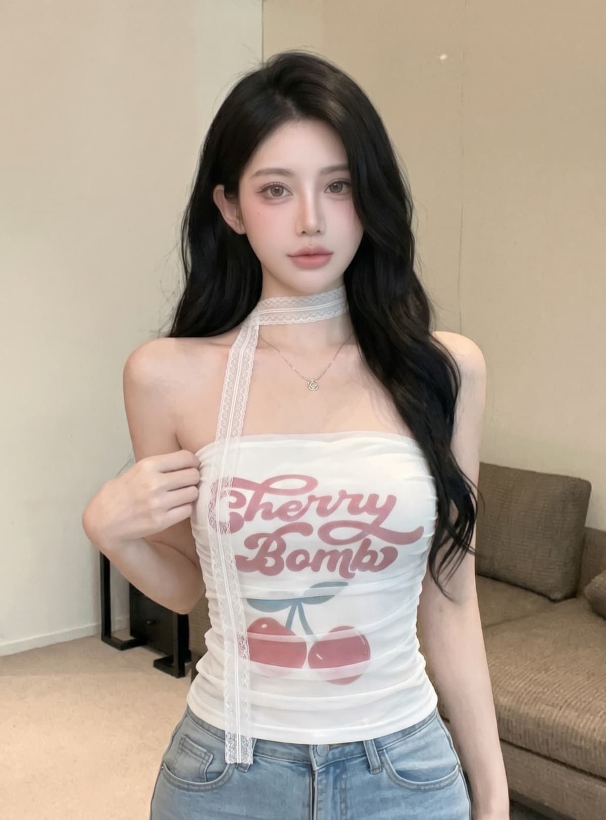 실사 달콤함 망사 프린트 민소매 캐미솔 여름 벨트 가슴 패드 포장 가슴 핫걸 외출용 튜브탑 맨위 이미지 4