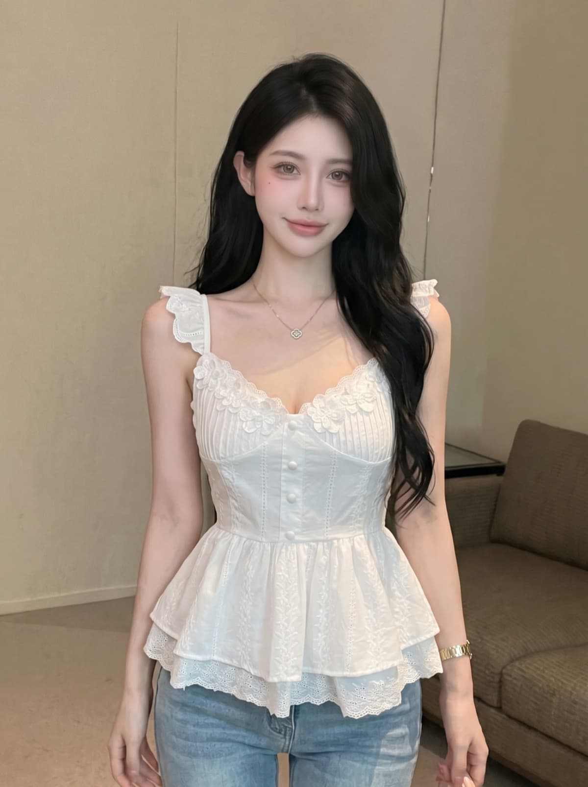 실사 순수한 욕망 자수 레이스 꽃 광장 칼라 작은 날다 소매 조끼 여성 여름 허리 수축 슬림해 보이는 퍼프 치마 맨위 이미지 3