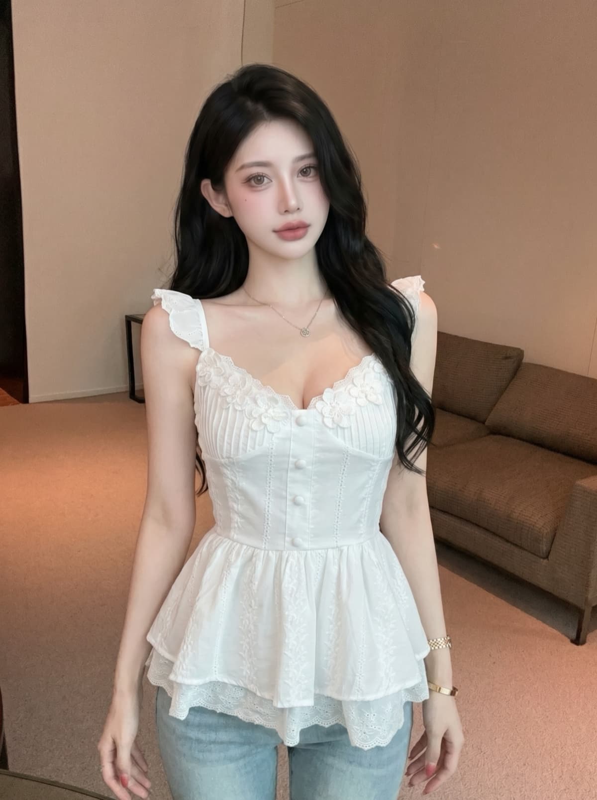 실사 순수한 욕망 자수 레이스 꽃 광장 칼라 작은 날다 소매 조끼 여성 여름 허리 수축 슬림해 보이는 퍼프 치마 맨위 이미지 4