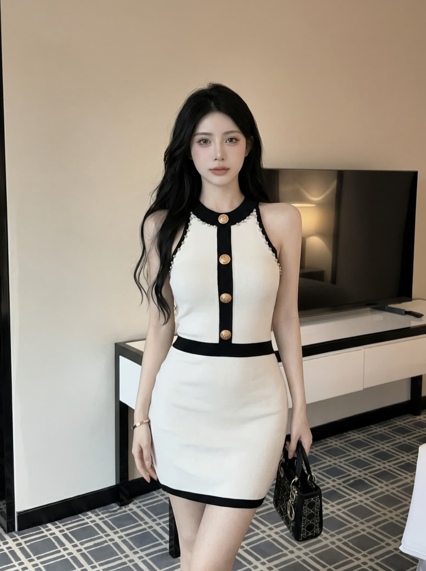 실사 작은 샤넬 스타일 배색 골드 버클 민소매 니트 여성 드레스 여름 고급 센스 허리 수축 슬림해 보이는 타이트 스커트 A라인 스커트 상세 이미지 3