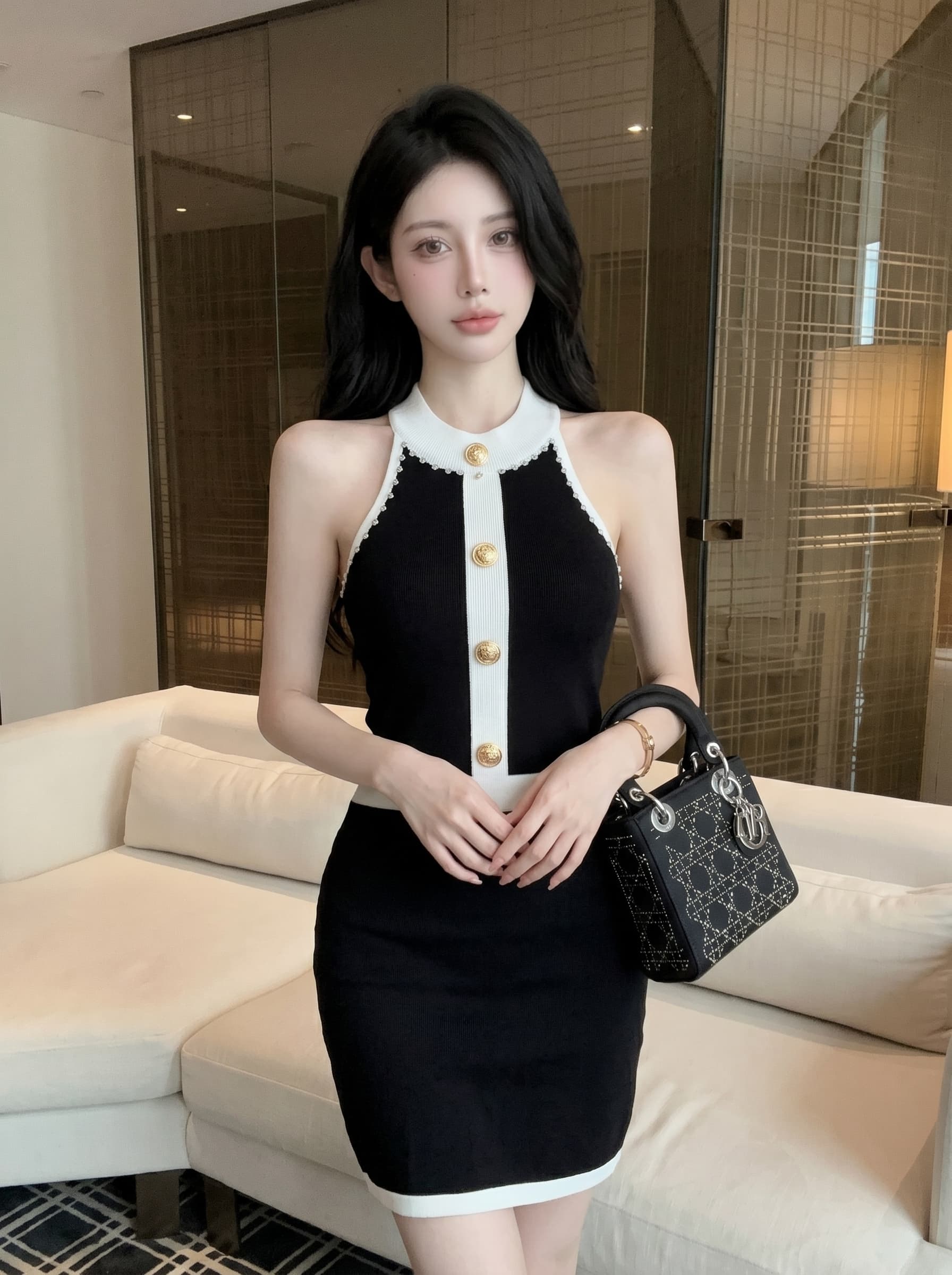 실사 작은 샤넬 스타일 배색 골드 버클 민소매 니트 여성 드레스 여름 고급 센스 허리 수축 슬림해 보이는 타이트 스커트 A라인 스커트 상세 이미지 7