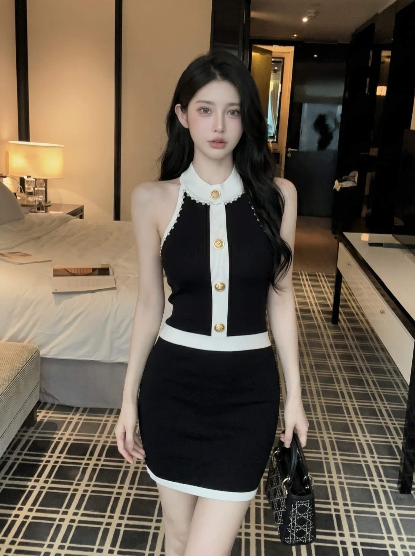 실사 작은 샤넬 스타일 배색 골드 버클 민소매 니트 여성 드레스 여름 고급 센스 허리 수축 슬림해 보이는 타이트 스커트 A라인 스커트 상세 이미지 8