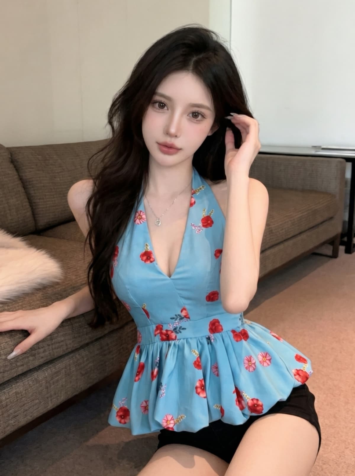 실사 프랑스식 고급 센스 레트로 레오파드 무늬 행침 목 V넥 백리스 허리 수축 맨위 여성 여름 새로운 몸매 가꾸기 작은 셔츠 이미지 2