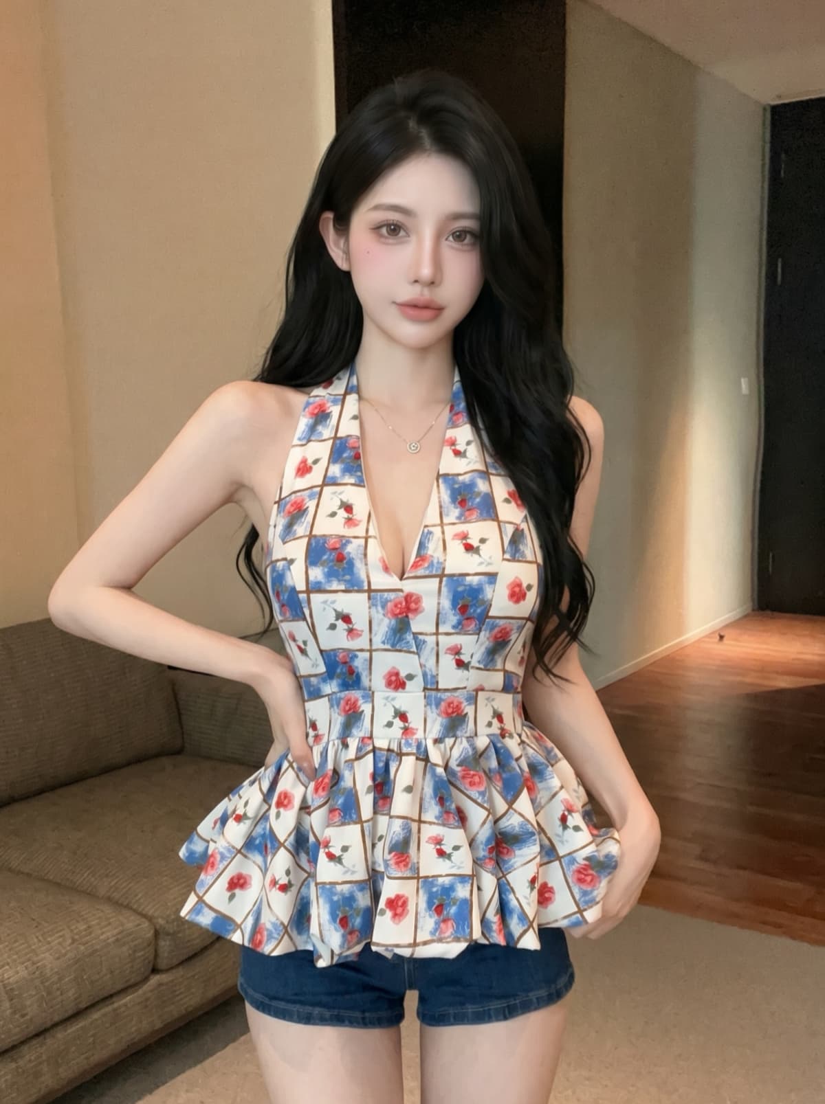 실사 프랑스식 고급 센스 레트로 레오파드 무늬 행침 목 V넥 백리스 허리 수축 맨위 여성 여름 새로운 몸매 가꾸기 작은 셔츠 상세 이미지 2